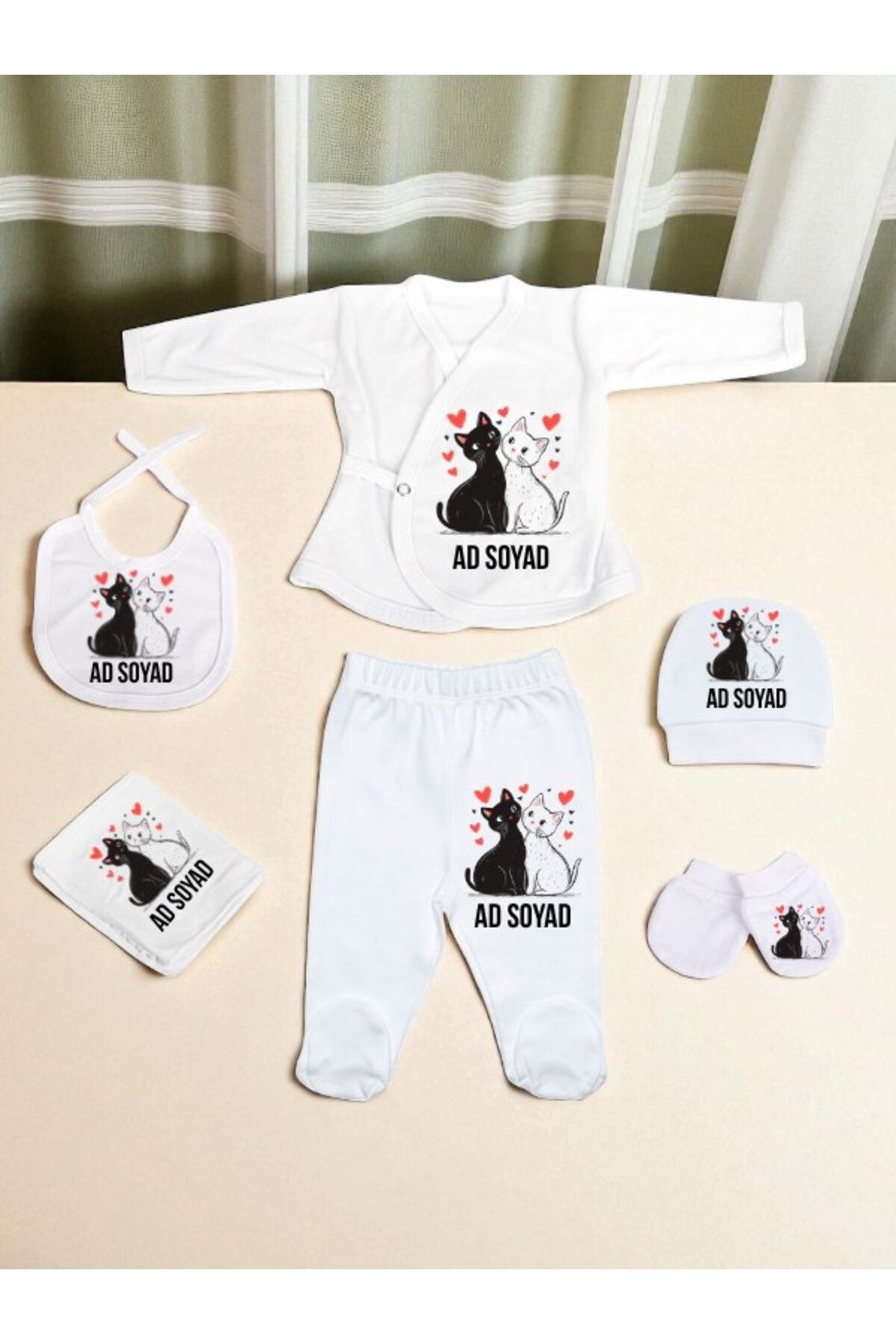 lili hediyelik Kalpli Kedi Baskılı Bebek Hastane Çıkış Seti Yeni Doğan Bebek Hediyesi Bebeğe Hediye
