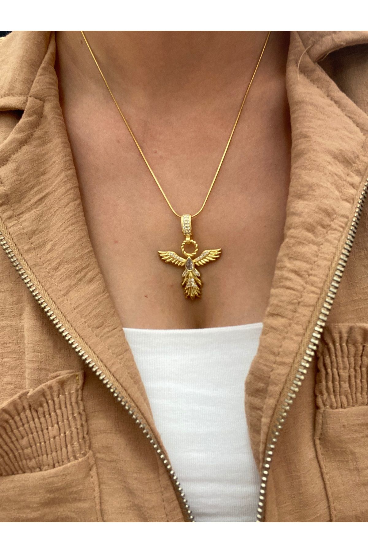 Byoz store Gold çelik anka kuşu taşlı charmlı kolye