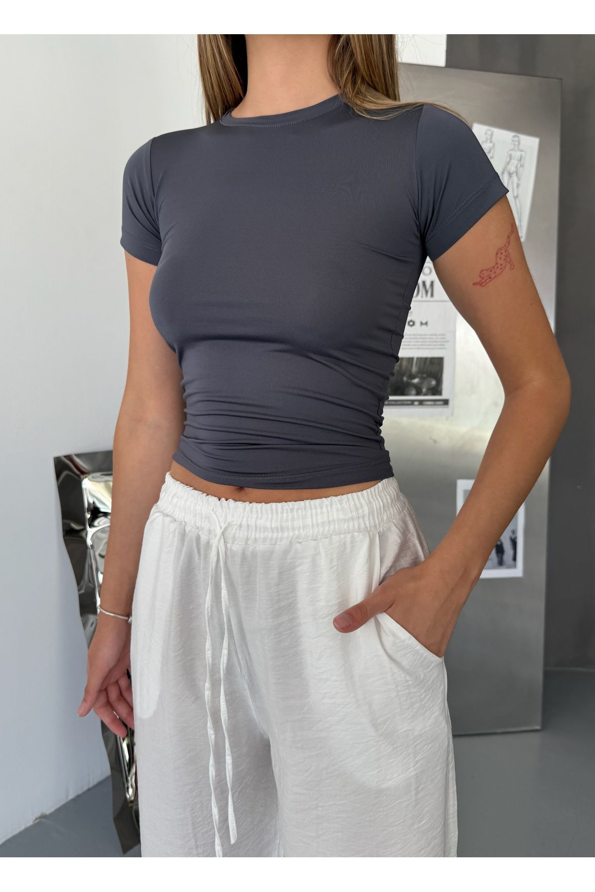 COMBİNE MİCHAİL Kadın Antrasit Bisiklet Yaka Body T-shirt