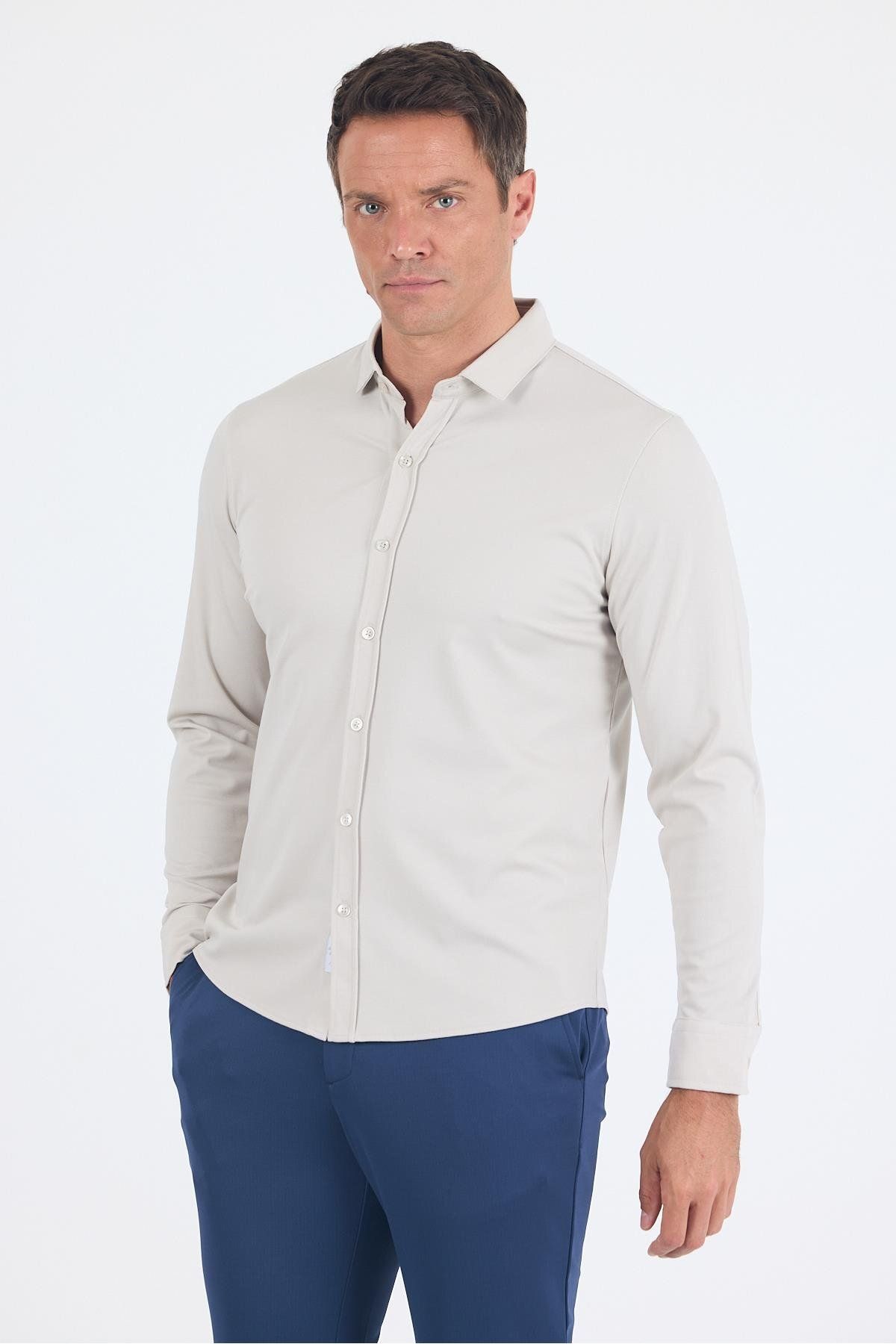 İmza Taş Rengi Uzun Kol Düz Örme Polo Yaka Cepsiz Esnek Classic Slim Fit Gömlek 1004250153_610