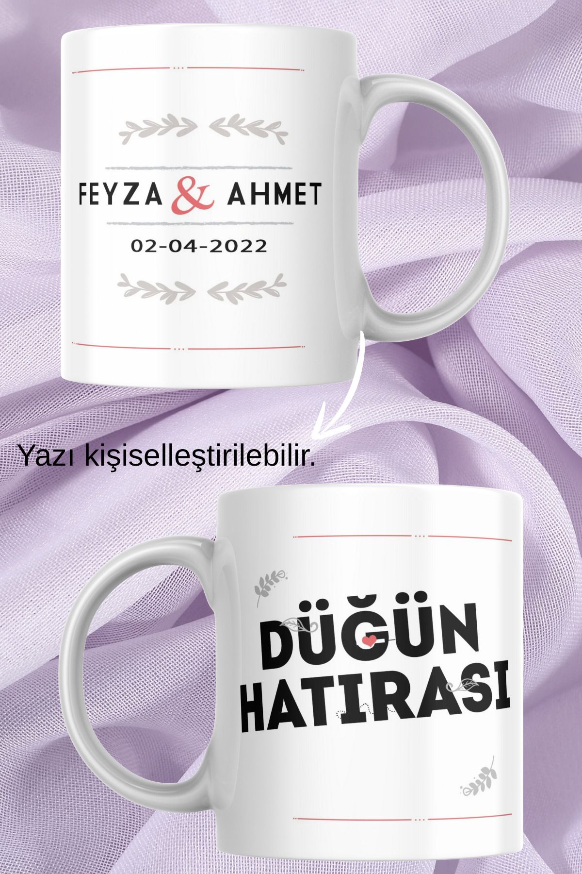 zerhome Düğün Hatırası 2 Temalı Beyaz Porselen Kupa Bardak