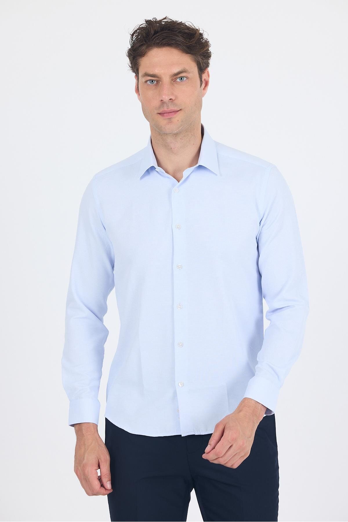 İmza Koyu Mavi Uzun Kol Sert Yaka Cepsiz Slim Fit Pamuklu Gömlek 1004250225