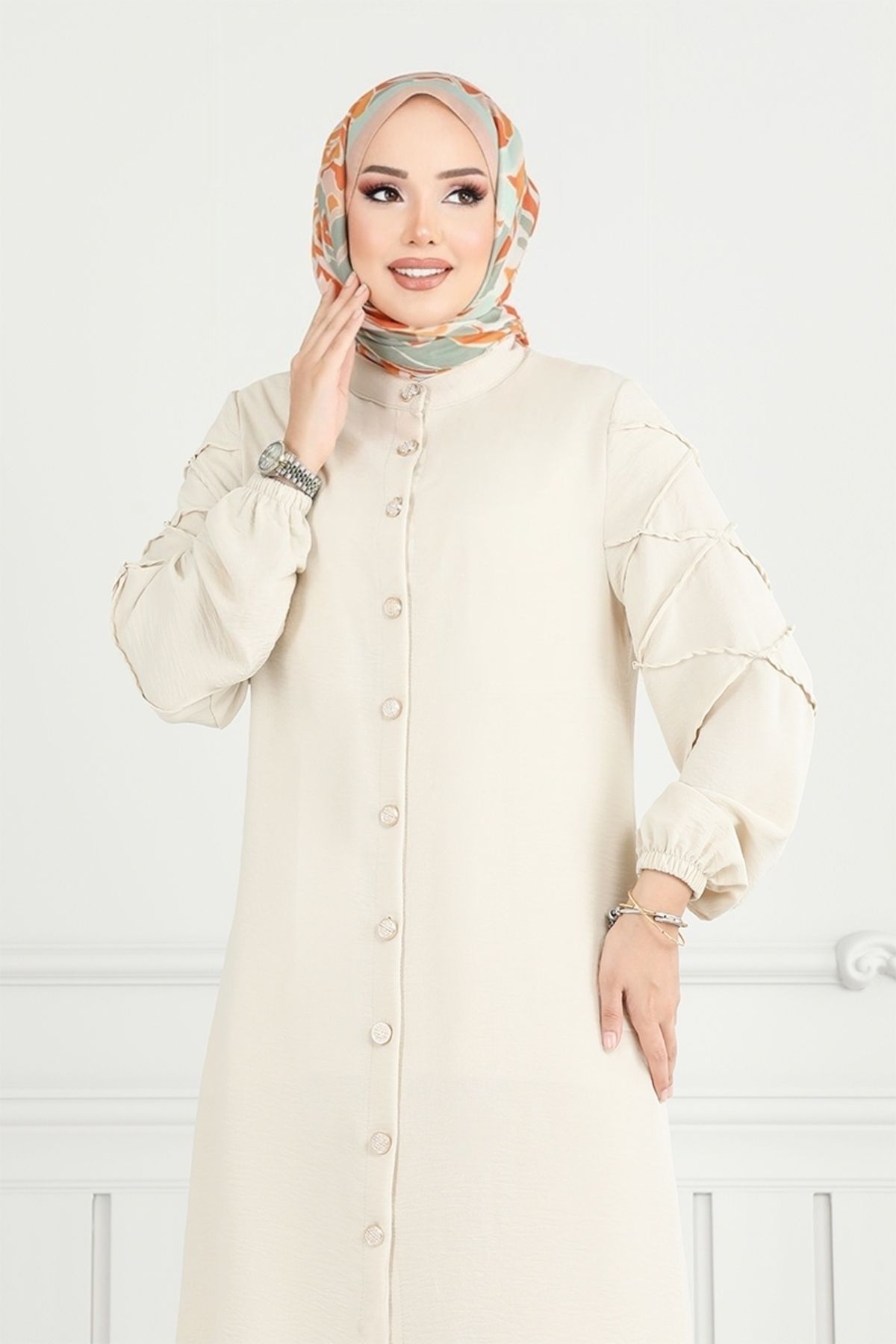 ModaMerve-Front Button Aerobin Suit 357Dvl897-M Stone 4