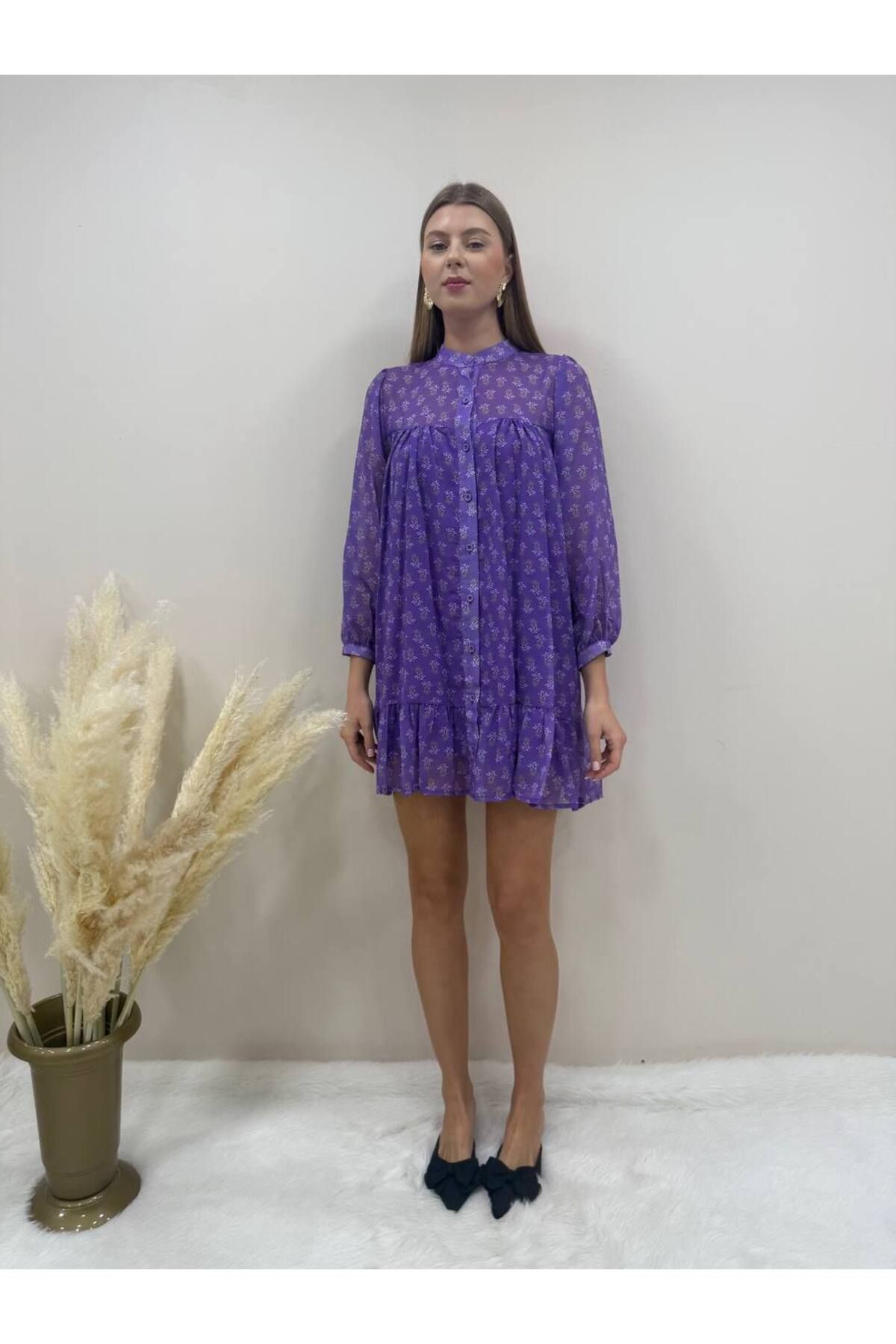 AsprinFashion ŞİFON ELBİSE PEMBE MOR