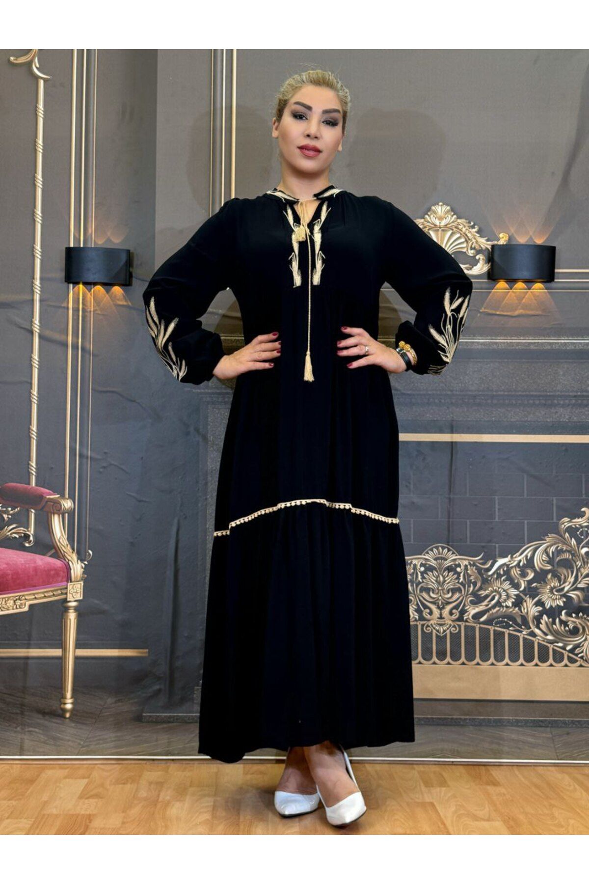 Yeşilmoda Tesettür Elbise,pamuklu kumaş,günlük İşlemeli Siyah maxi Uzun kollu Kollu lastikli Kadin