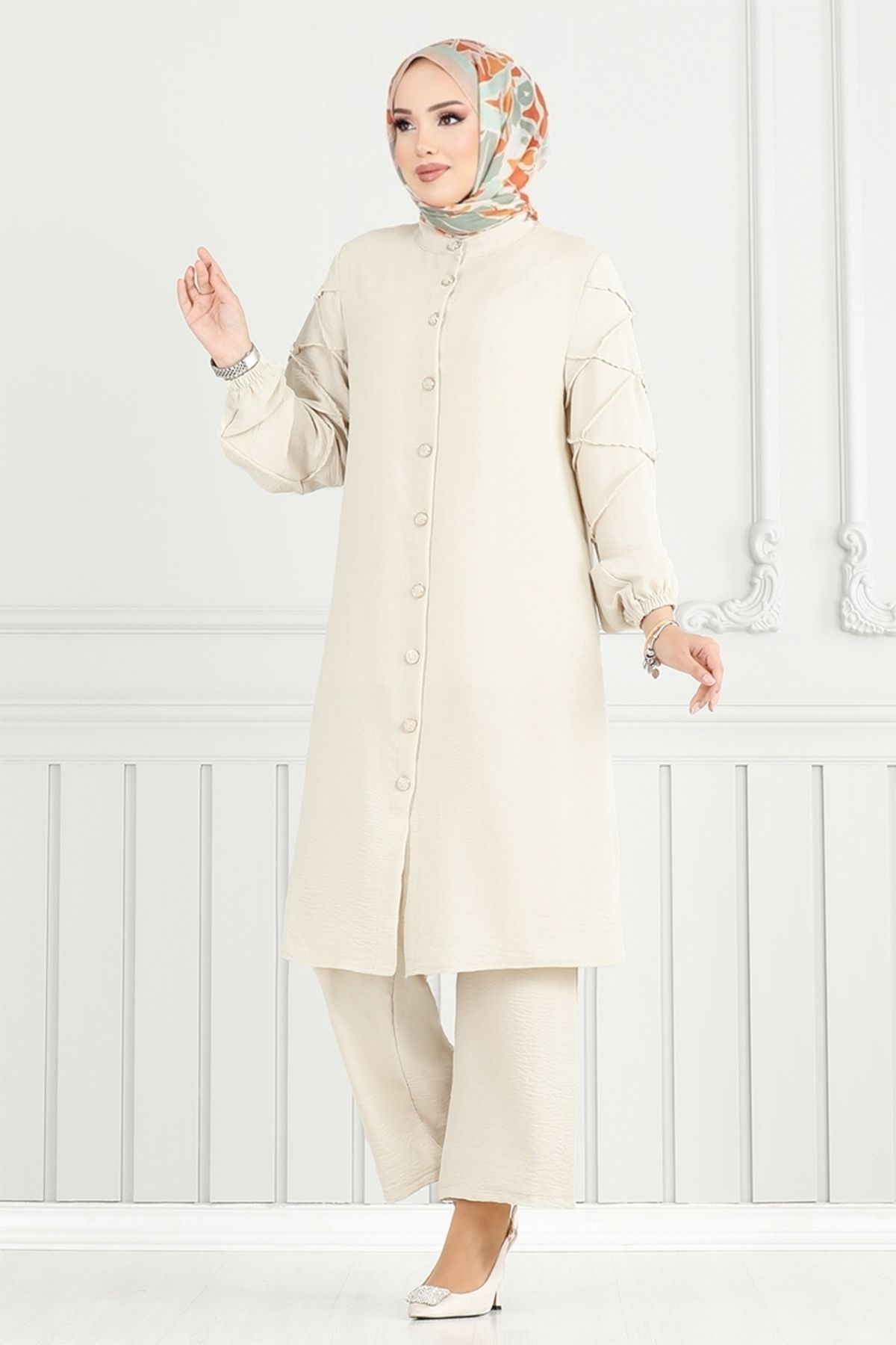 ModaMerve-Front Button Aerobin Suit 357Dvl897-M Stone 3