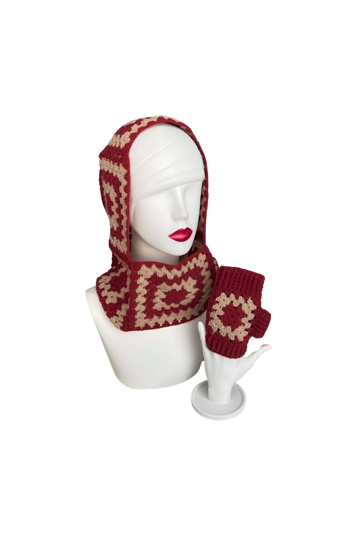teknotrust Krem-bordo örgü set: balaclava, şapka ve eldiven kombinasyonu