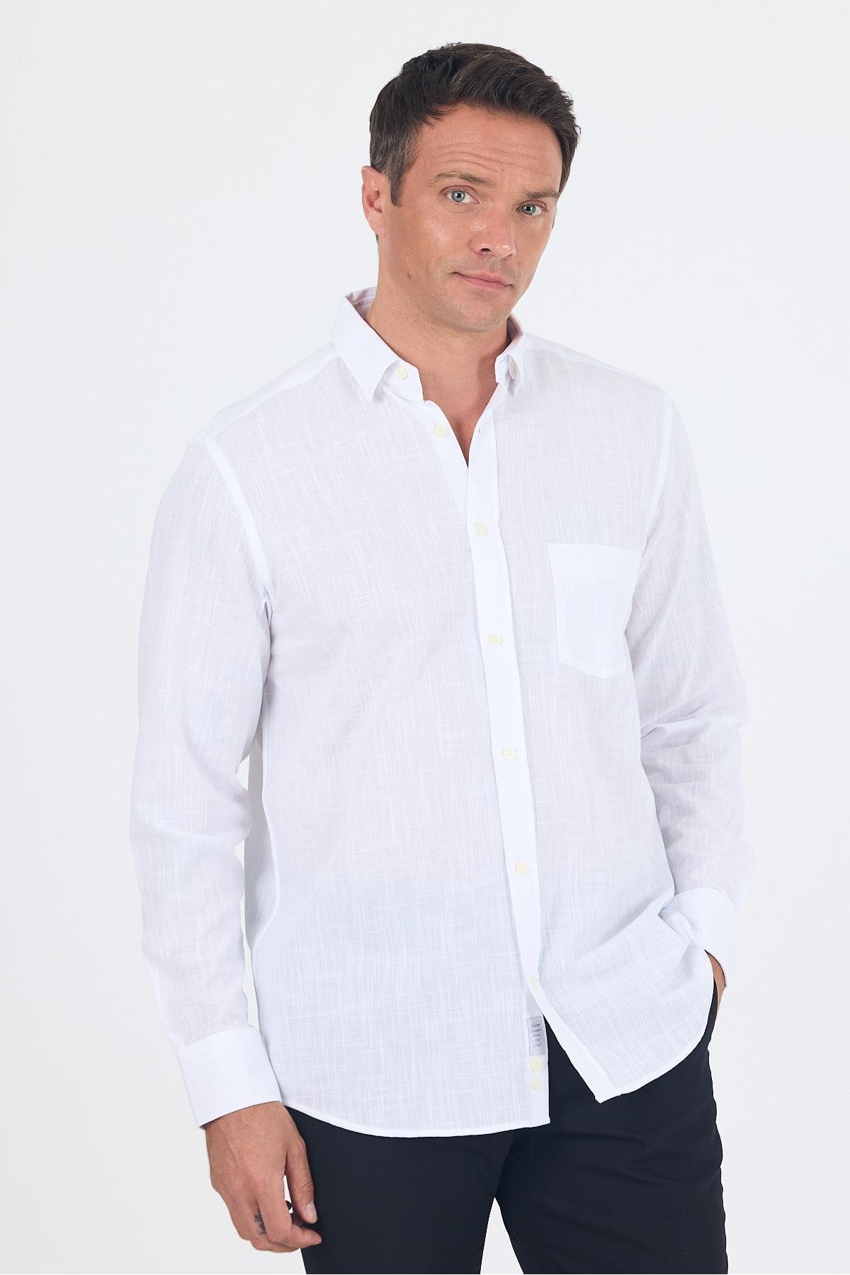 İmza Beyaz Uzun Kol Düz Armür Oval Yaka Casual Comfort Fit Gömlek 1004250249