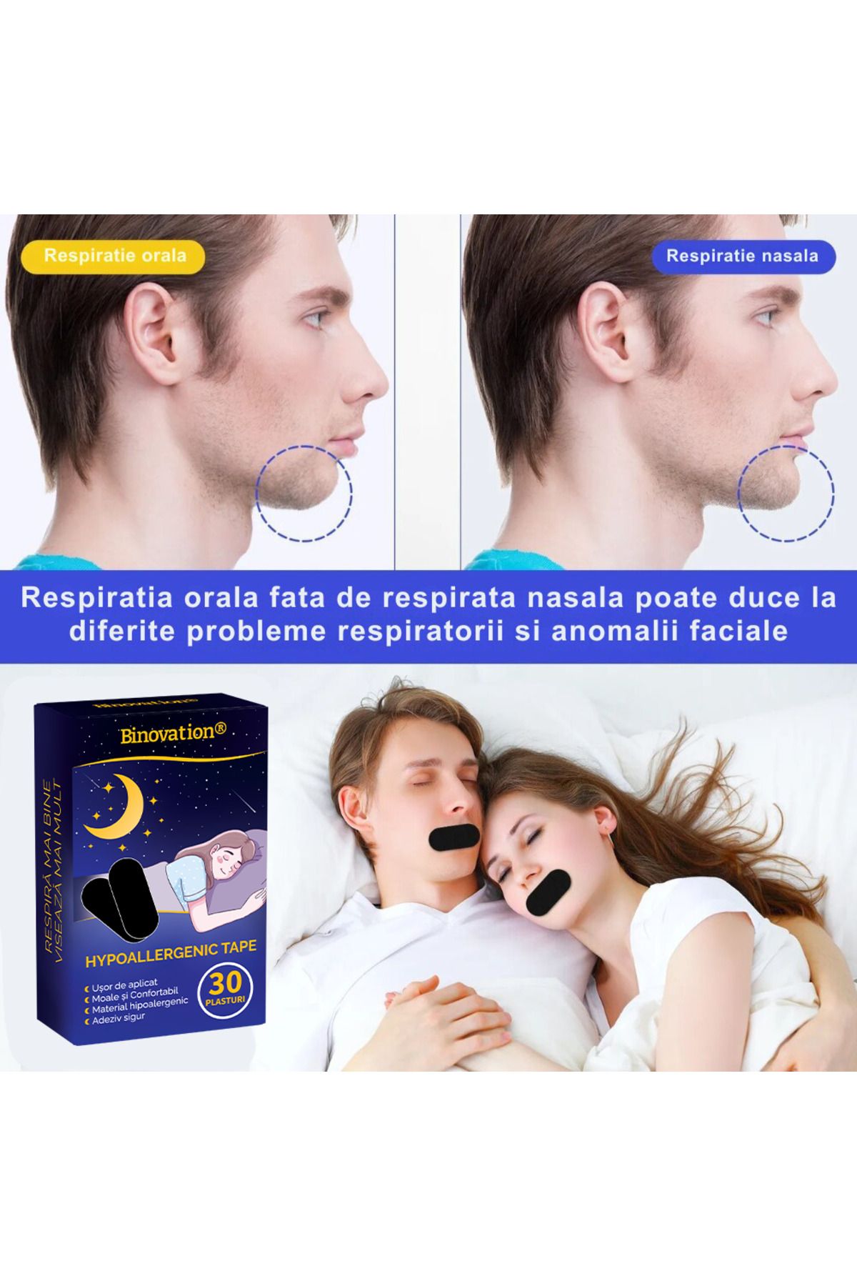 Binovation-Set of 30 Binovation® Anti-Snoring Patch Strips, Hypoallergenic Material, Moisture Resistant 2