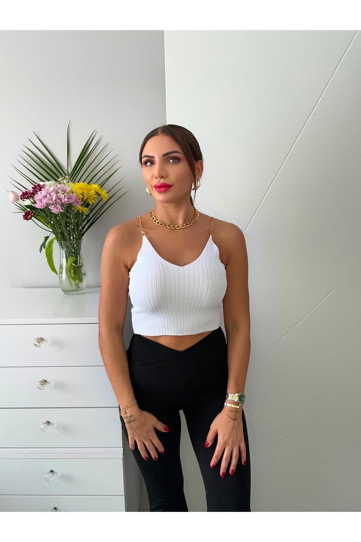 sterktekstil Kadın Zincir Askılı Düz Renkli Crop T-Shirt