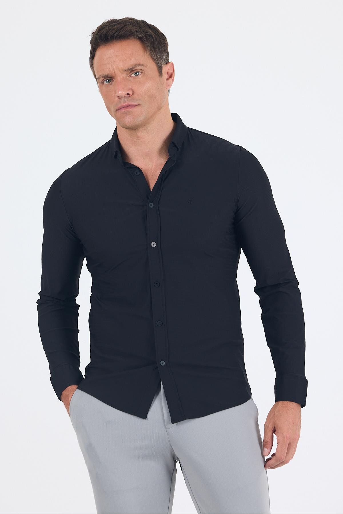 İmza Siyah Smart Düğmeli Yaka Uzun Kol Cepsiz Slim Fit Esnek Gömlek Gömlek 1004250252