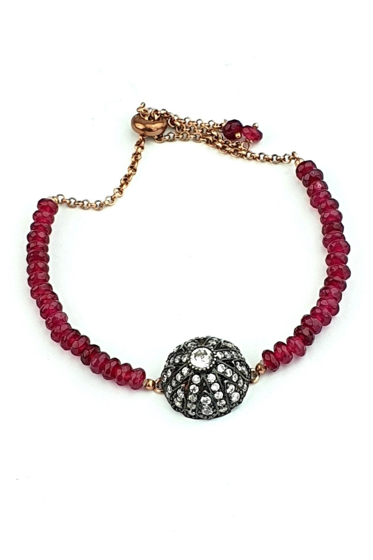 OSESHOP Elmas İşçiliği Yakut Taşlı 925ayar Gümüş Üzerine Rose Altın Kaplama Ayarlanabilir Asansörlü bileklik