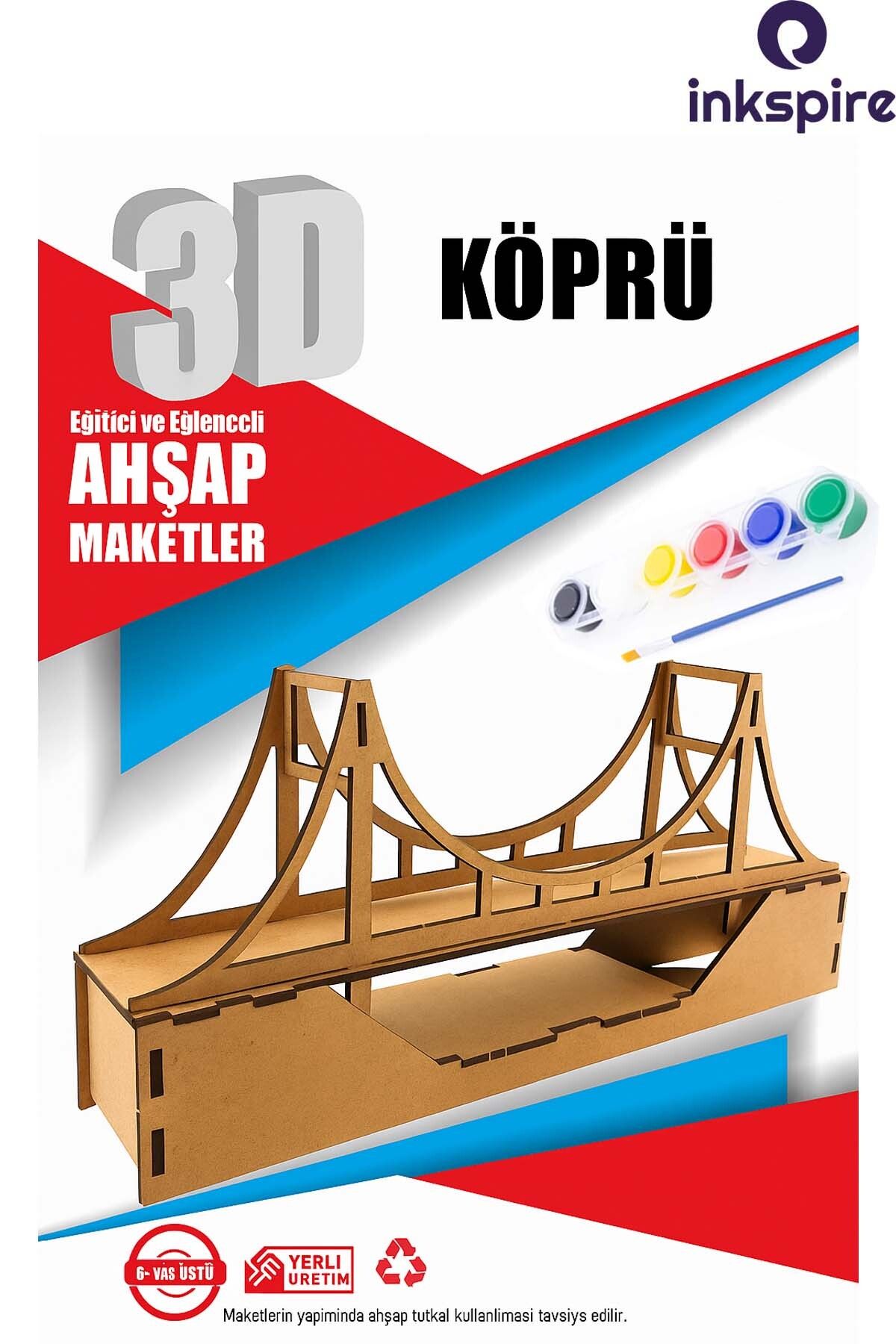 inkspire 3D Ahşap Maket 3 Boyutlu Boyanabilir Geçmeli Puzzle Maket 6Lı Akrilik Boya Fırça Kendin Yap Boya Set
