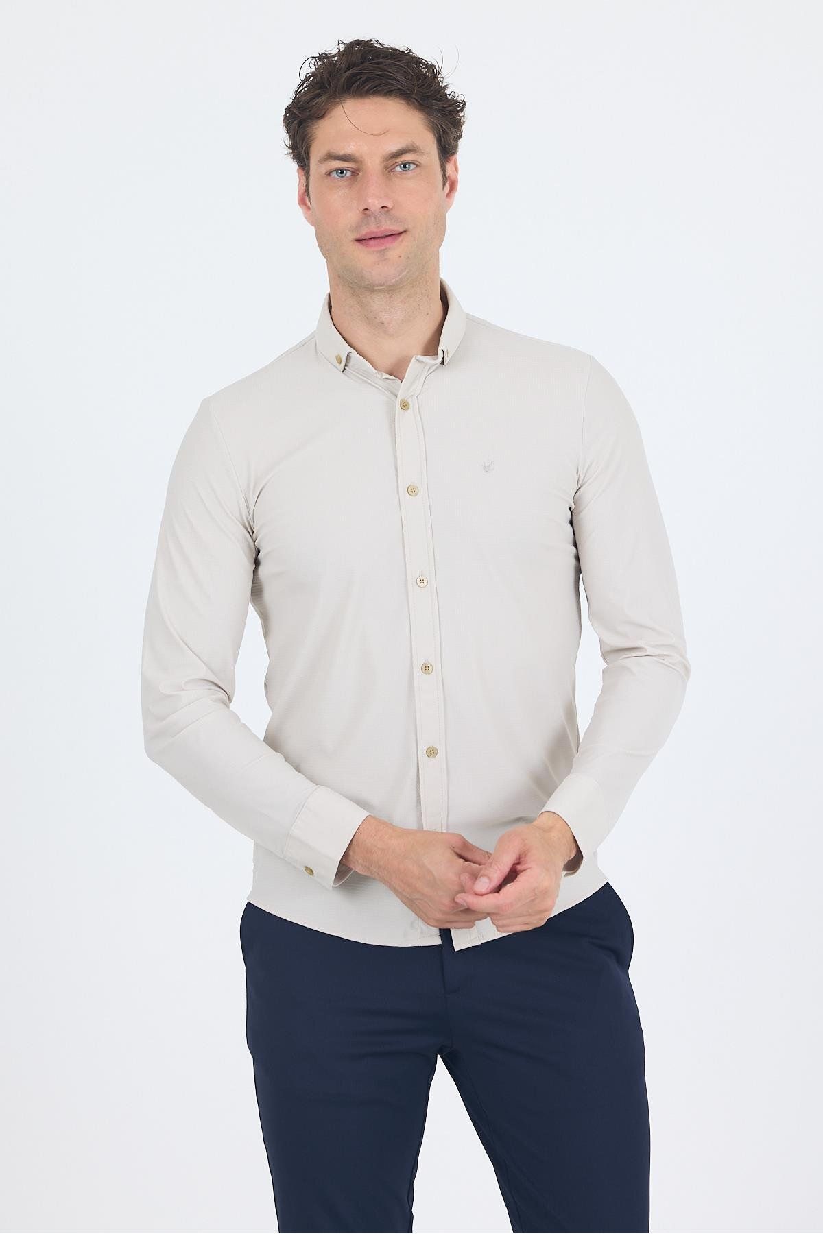 İmza Taş Rengi Smart Düğmeli Yaka Uzun Kol Cepsiz Slim Fit Esnek Gömlek Gömlek 1004250252