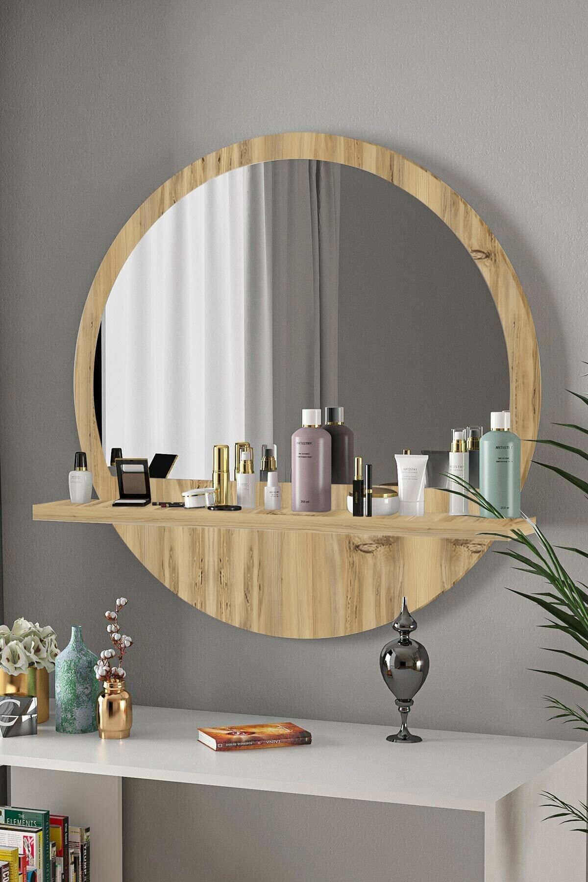 Elioure Yuvarlak 58cm Raflı Çok Amaçlı Konsol ve Ayna Seti