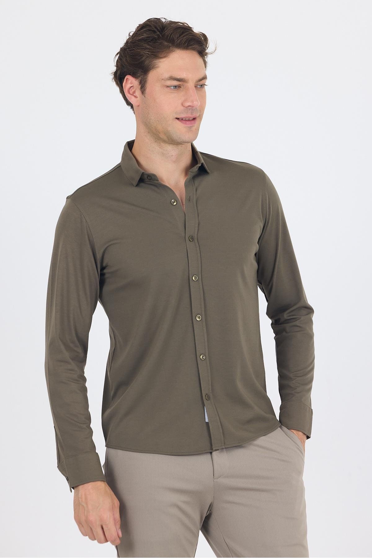 İmza Koyu Haki Uzun Kol Düz Örme Polo Yaka Cepsiz Esnek Classic Slim Fit Gömlek 1004250153_720