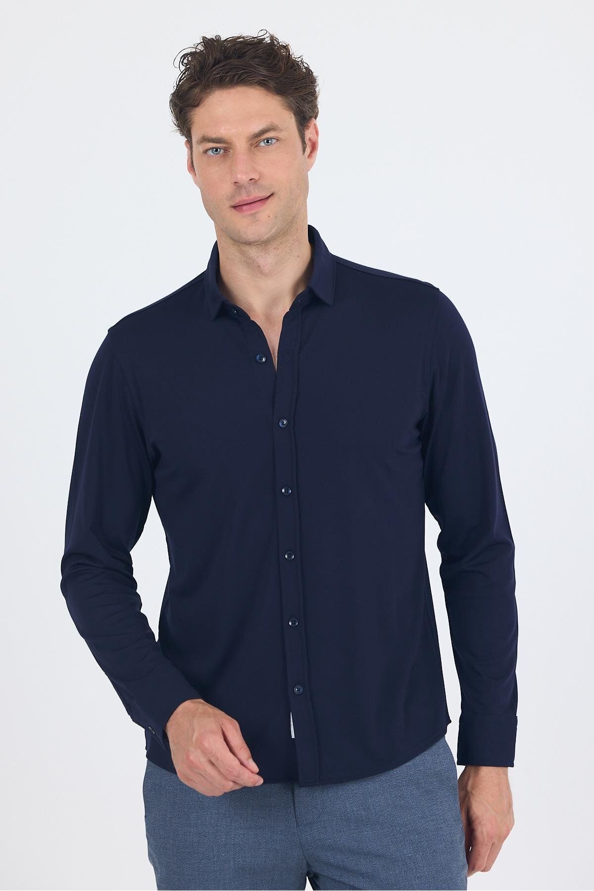 İmza Koyu Lacivert Uzun Kol Düz Örme Polo Yaka Cepsiz Esnek Classic Slim Fit Gömlek 1004250153_200
