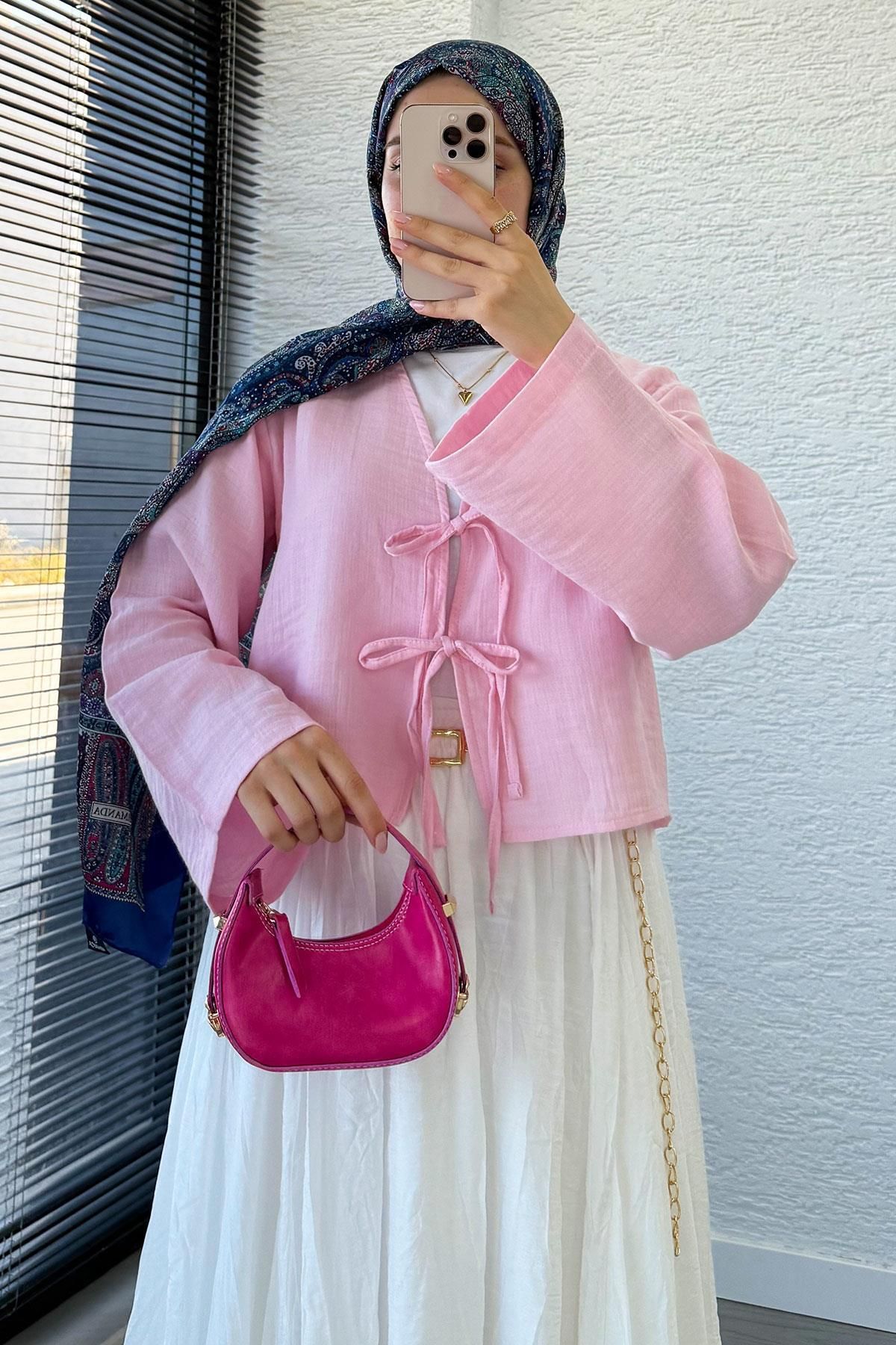 MELEK ARAZ Önden Bağlamalı Kısa Müslin Kimono - Toz Pembe