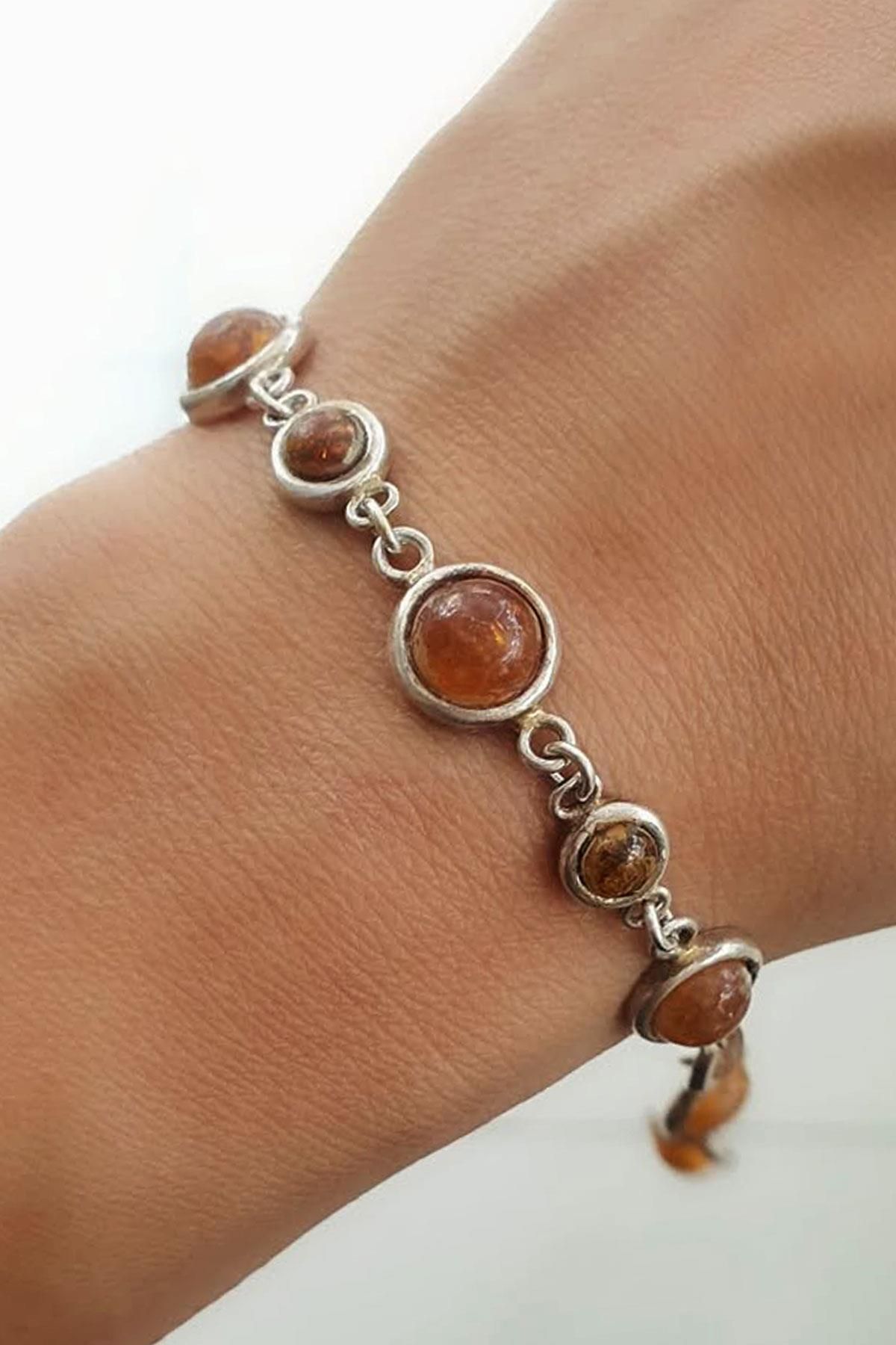 OSESHOP Kehribar Detaylı 925 ayar Gümüş Tasarım Bileklik