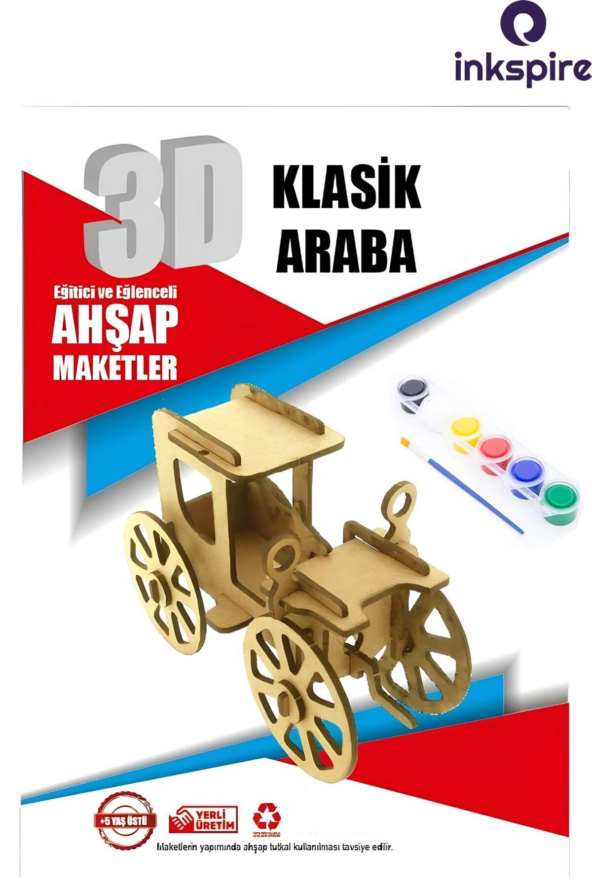 inkspire 3D Ahşap Maket 3 Boyutlu Boyanabilir Geçmeli Puzzle Maket 6Lı Akrilik Boya Fırça Kendin Yap Boya Set