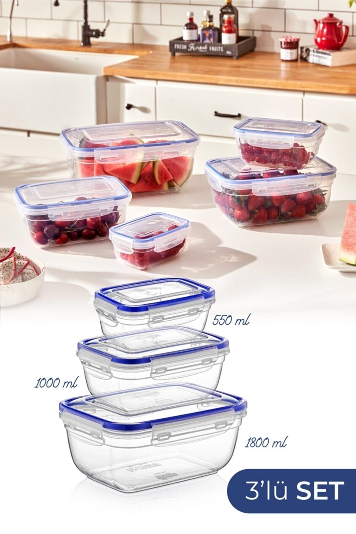 teknotrust 3'lü Şeffaf Dikdörtgen Saklama Seti, 550ml, 1000ml, 1800ml