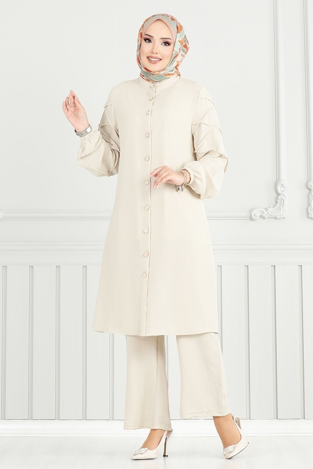 ModaMerve-Front Button Aerobin Suit 357Dvl897-M Stone 2