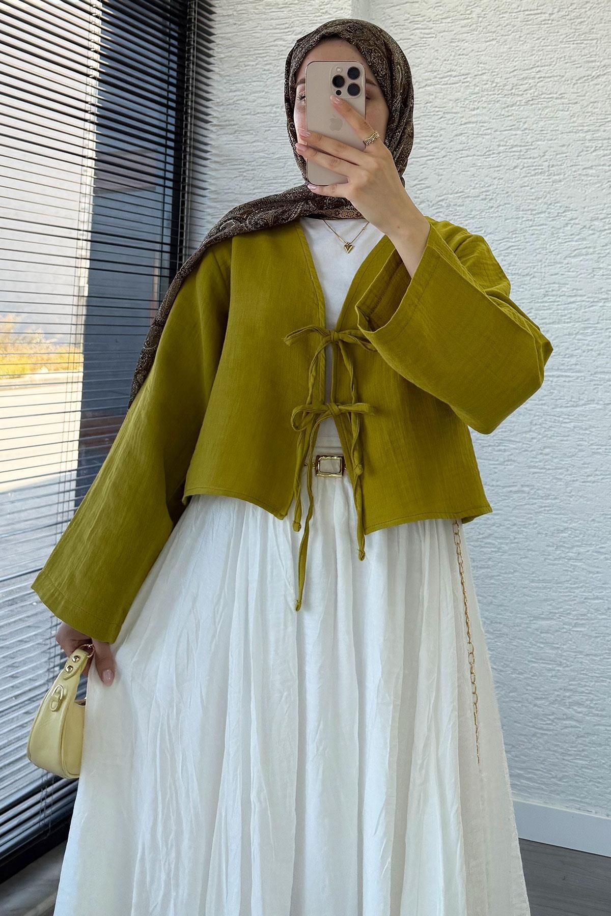 MELEK ARAZ Önden Bağlamalı Kısa Müslin Kimono - Yağ Yeşili