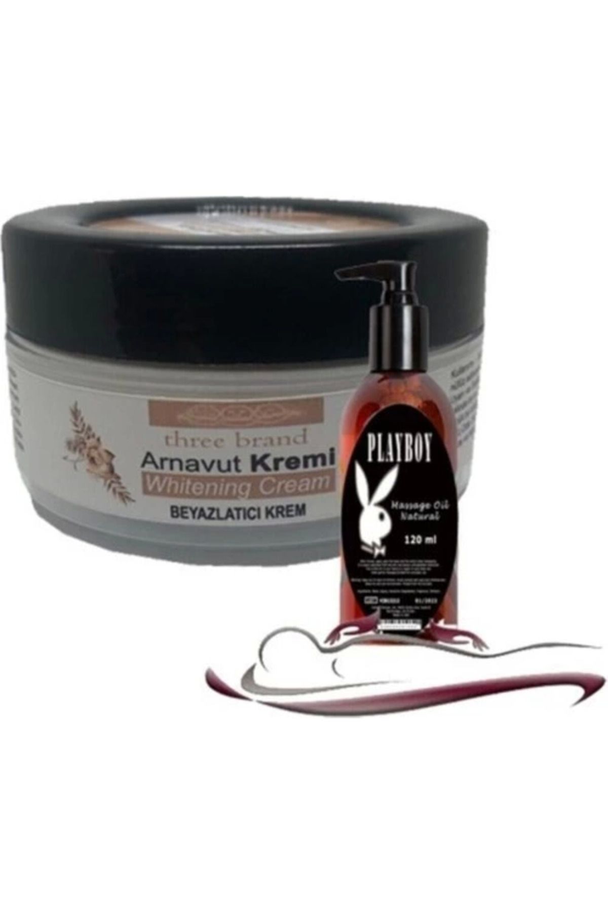 ÖYKÜ VE YİĞİT Playboy Three Brand Whitening Cream 4 Adet Arnavut Kremi 50 ml Aklık Kremi ile 120ML Masaj Yağı
