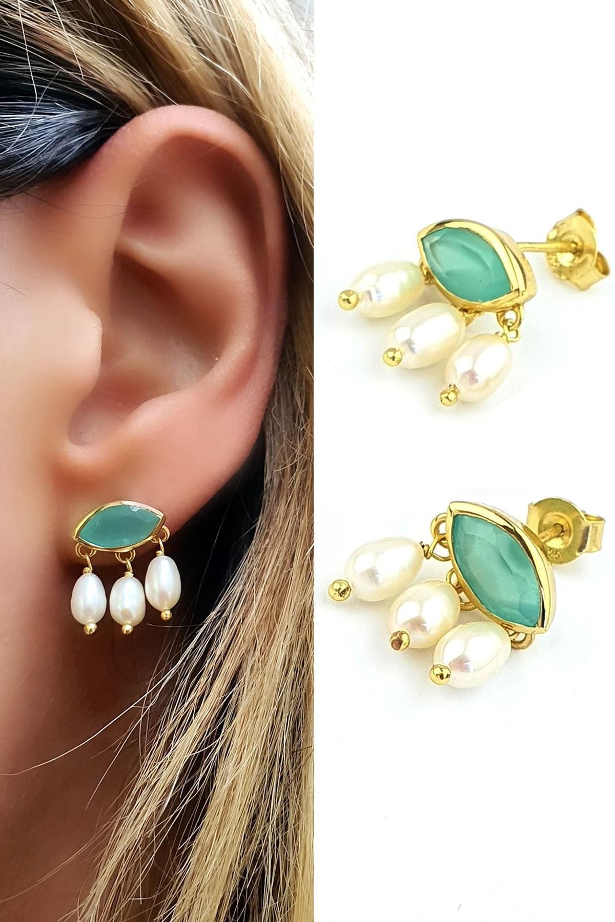 OSESHOP Kalsedon ve Barok İncili 925 ayar Gümüş Tasarım Göz Küpe