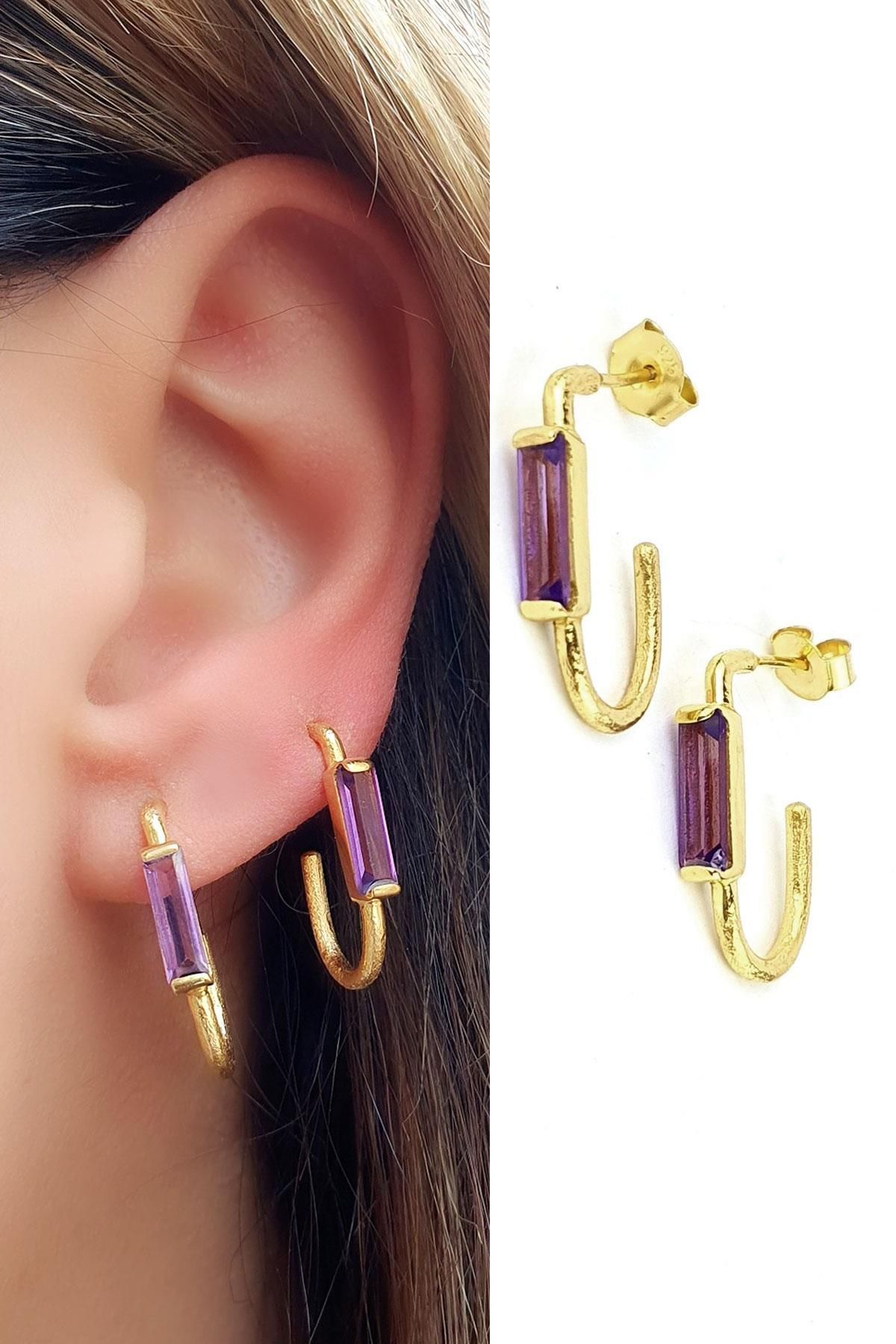 OSESHOP Ametist Taşlı 925ayar Gümüş Üzerine Altın Kaplama Tasarım Oval Halka Küpe