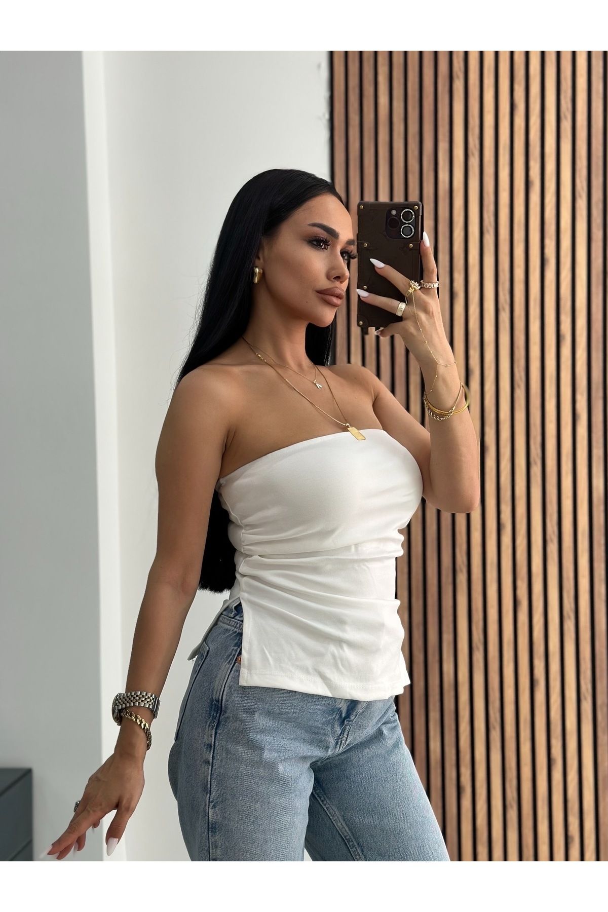 OKSOCOLLECTİON Yanları Yırtmaçlı ve Büzgülü Straplez Bluz