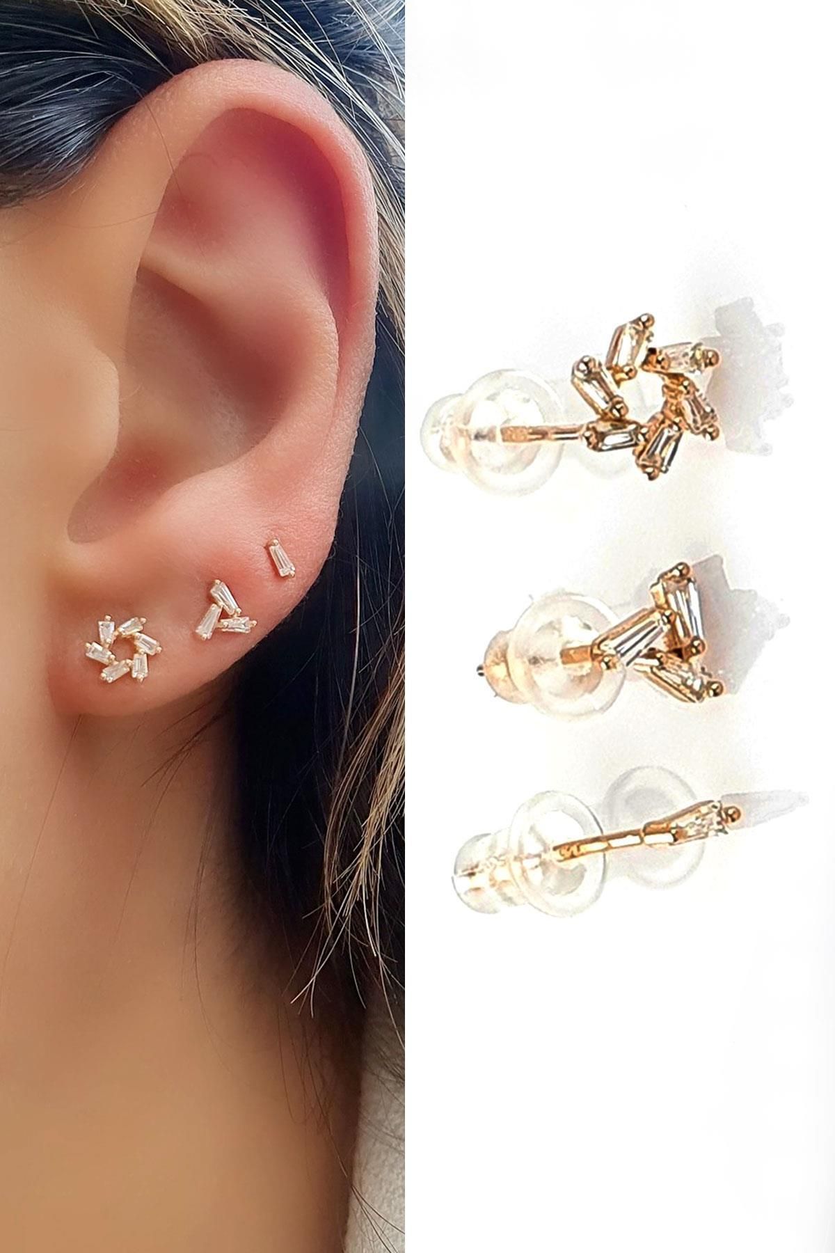 OSESHOP Baget Zirkon Taşlı 925ayar Gümüş Üzerine Rose Altın Kaplama 3 lü tek küpe kombin