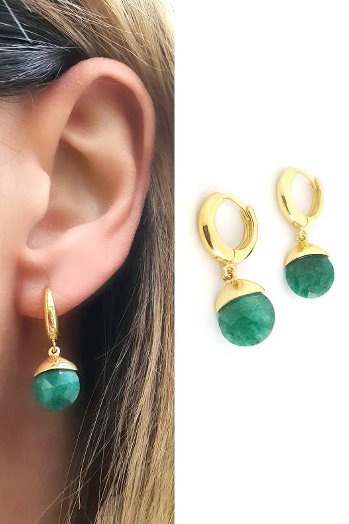 OSESHOP Yeşim Taşlı 925ayar Gümüş Üzerine Altın Kaplama Tasarım Doğal Taş küpe