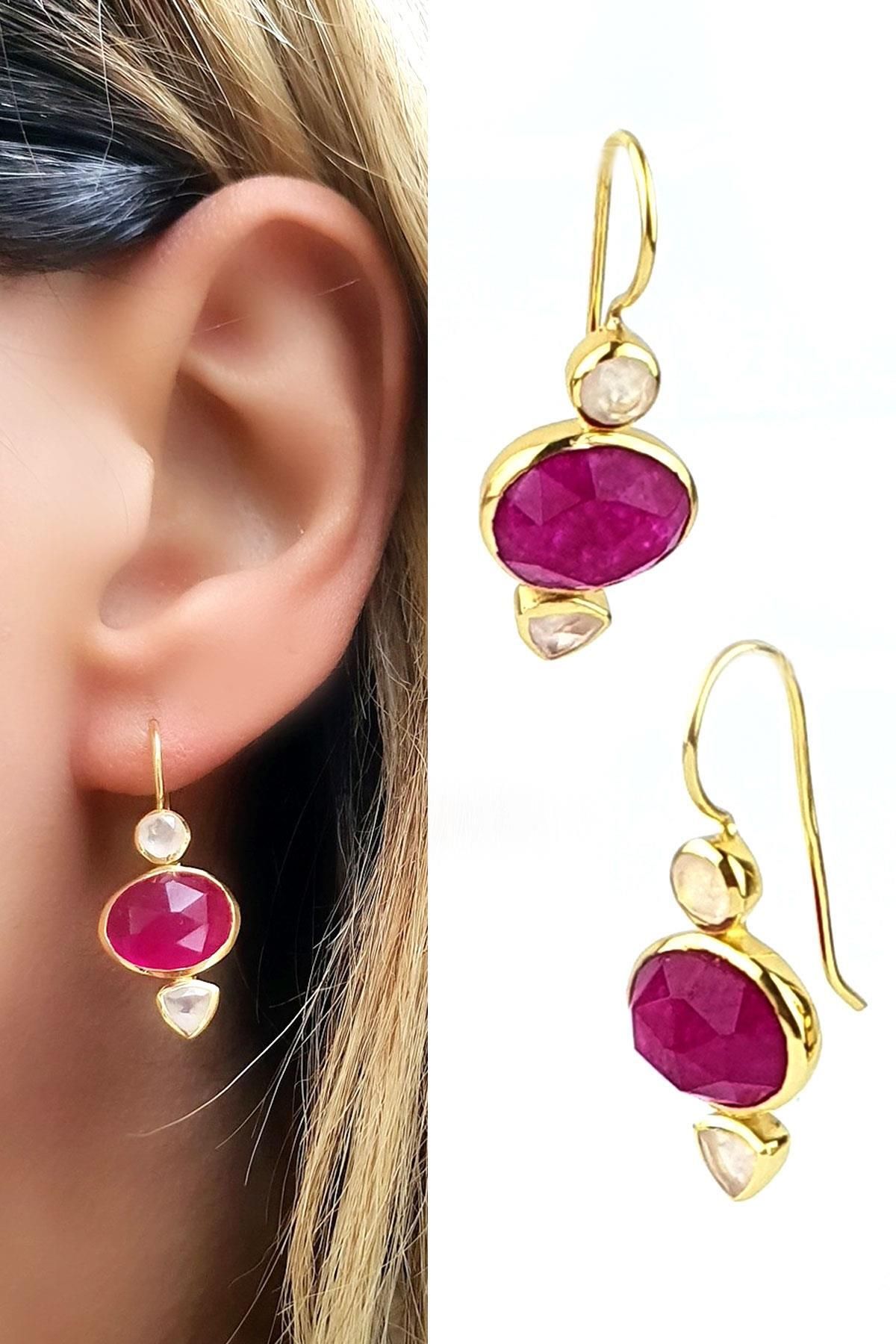 OSESHOP Pembe turmalin ve pembe kuvars Taşlı 925ayar Gümüş Üzerine Altın Kaplama Tasarım Küpe