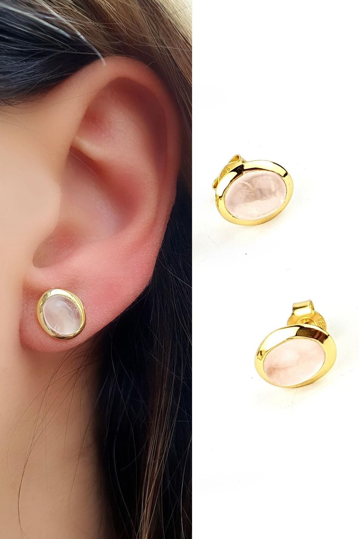 OSESHOP Pembe Kuvars Taşlı 925ayar Gümüş Üzerine Altın Kaplama Tasarım küpe