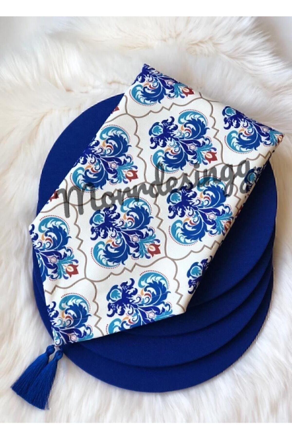 Elioure Mavi Çini Desenli Set: 1 Runner, 6 Supla, Saks Mavi Beyaz Renkli Dekoratif Set