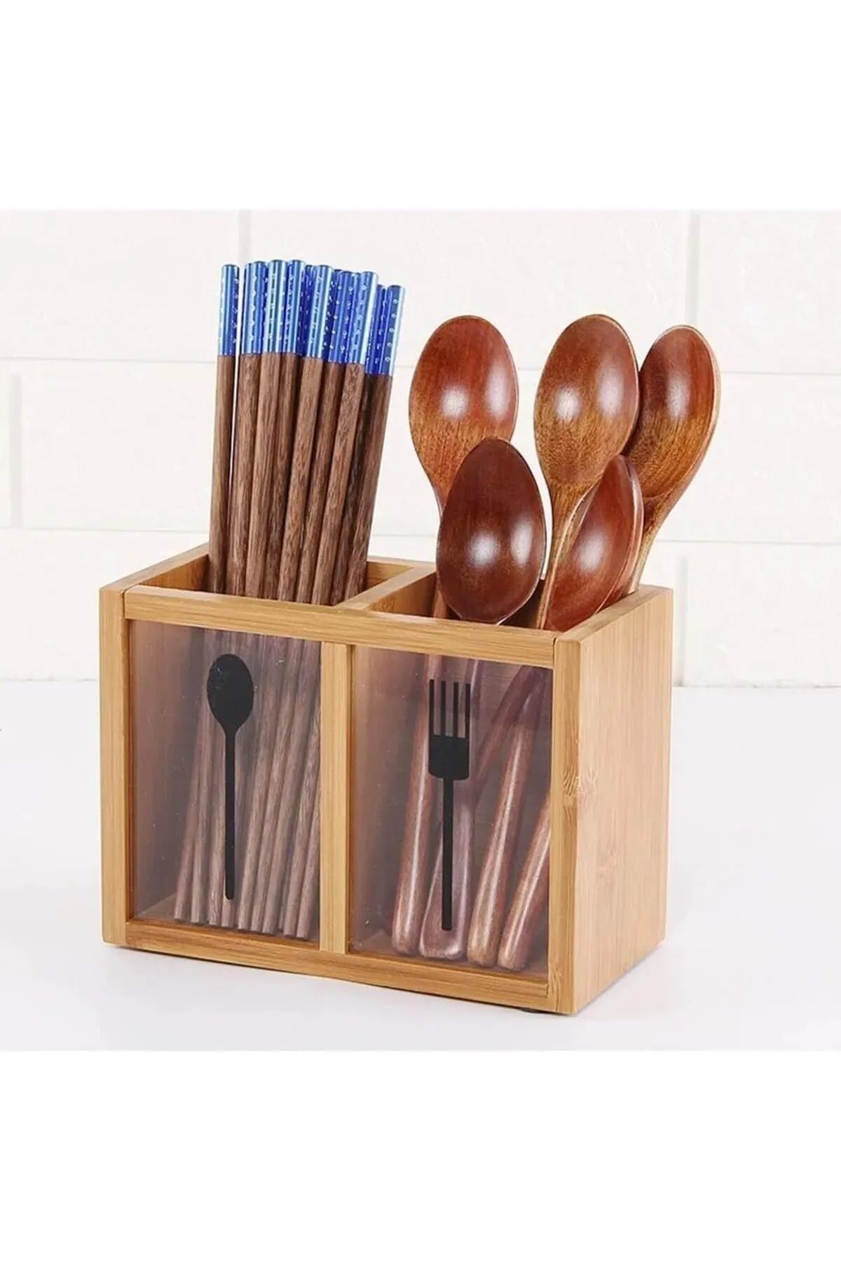 yenibagshop Bölmeli Bambu Kaşıklık ve Çubukluk Organizatör, Ahşap Mutfak Gereçleri için Kapaklı Saklama Kutusu