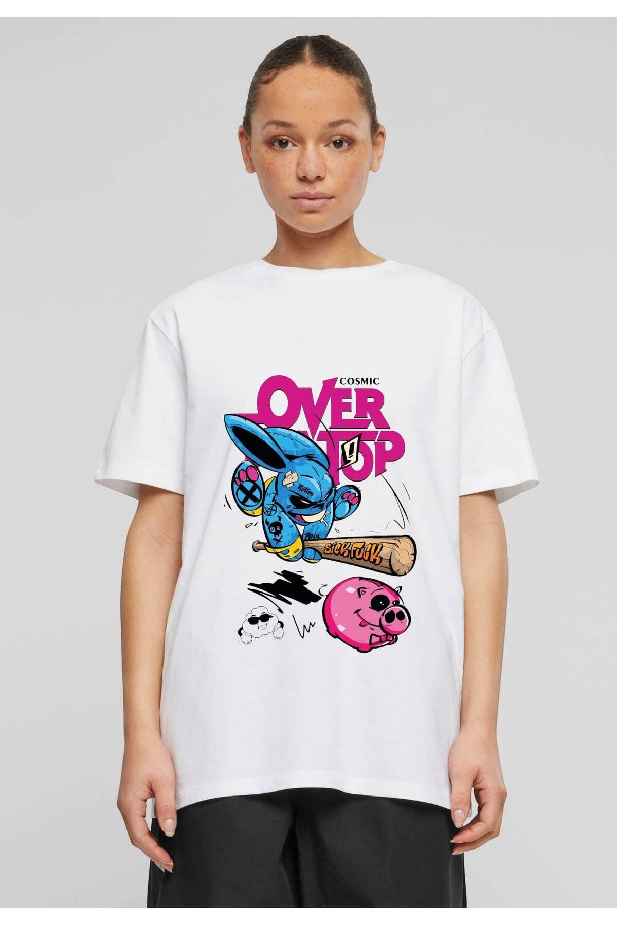 ELNOYA Unisex Pamuklu Beyaz Oversize "Mavi Tavşan" Baskılı Bisiklet Yaka Rahat T-shirt