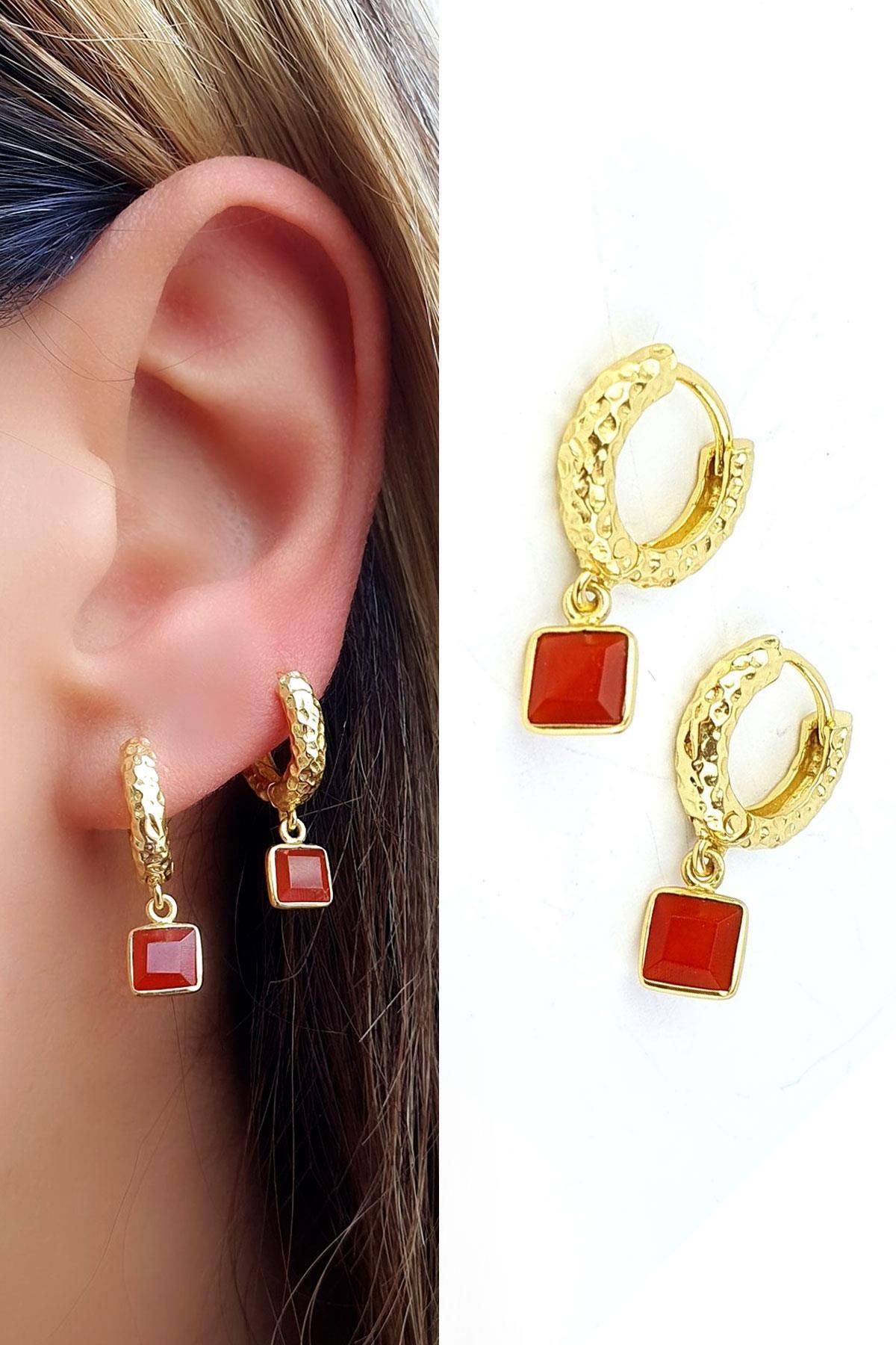 OSESHOP Akik taşlı 925ayar gümüş üzerine altın kaplama minimal Sallantılı Halka küpe 1 cm