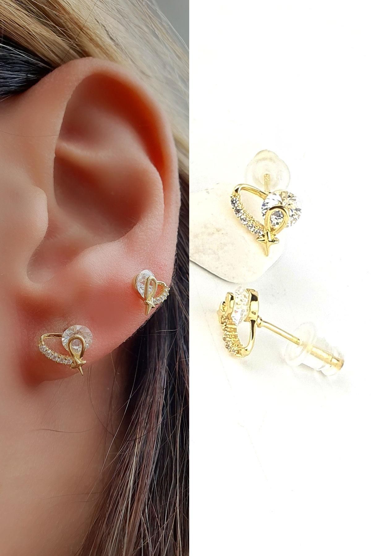 OSESHOP Zirkon Taş Detaylı 925ayar Gümüş Kalp Küpe