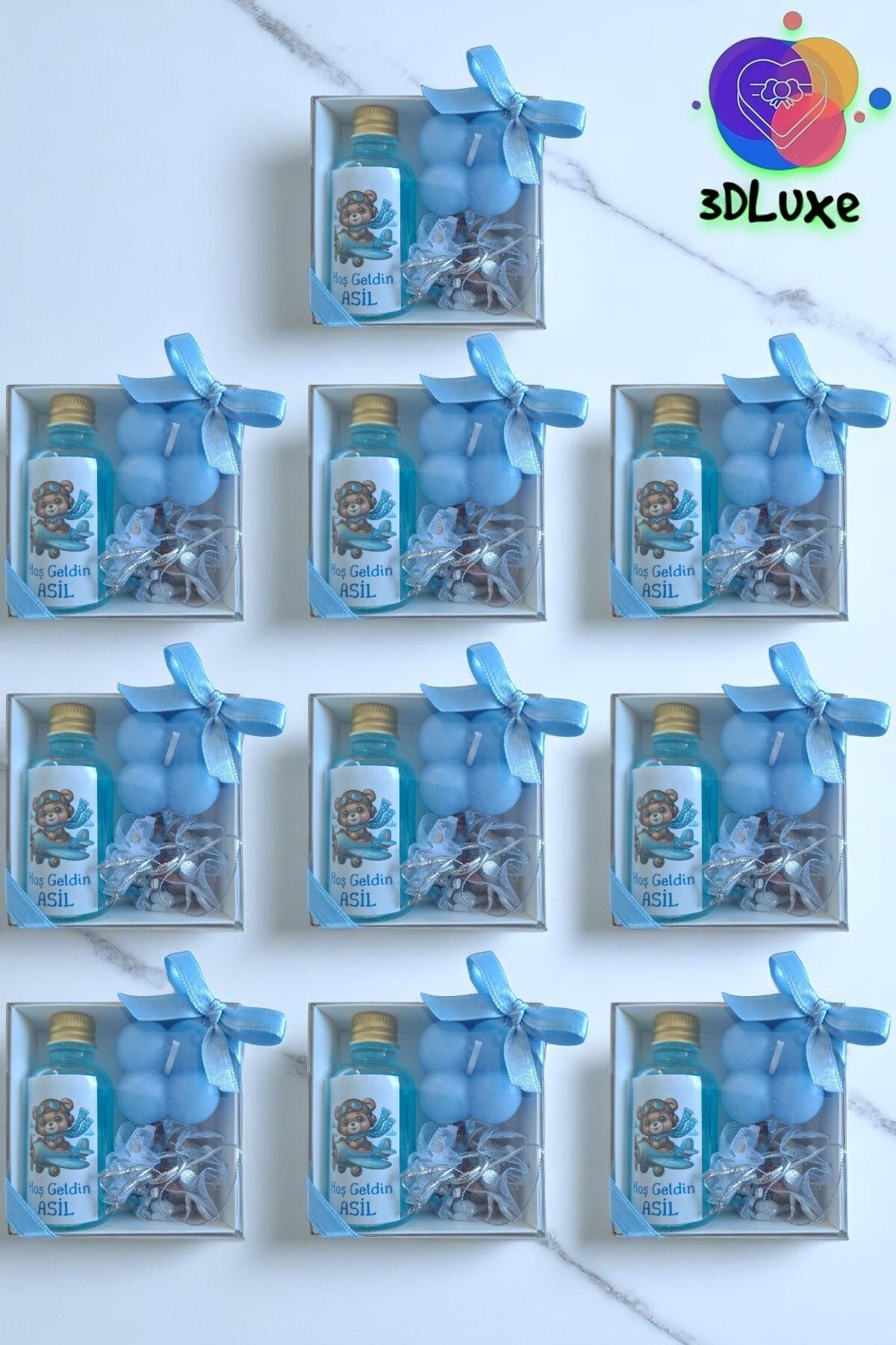 3DLuxeDekor Draje Şeker-Mum-Kolonya Hediyelik 10 ADET (Bebek, Söz, Nişan, Kına, Düğün, Mevlid)