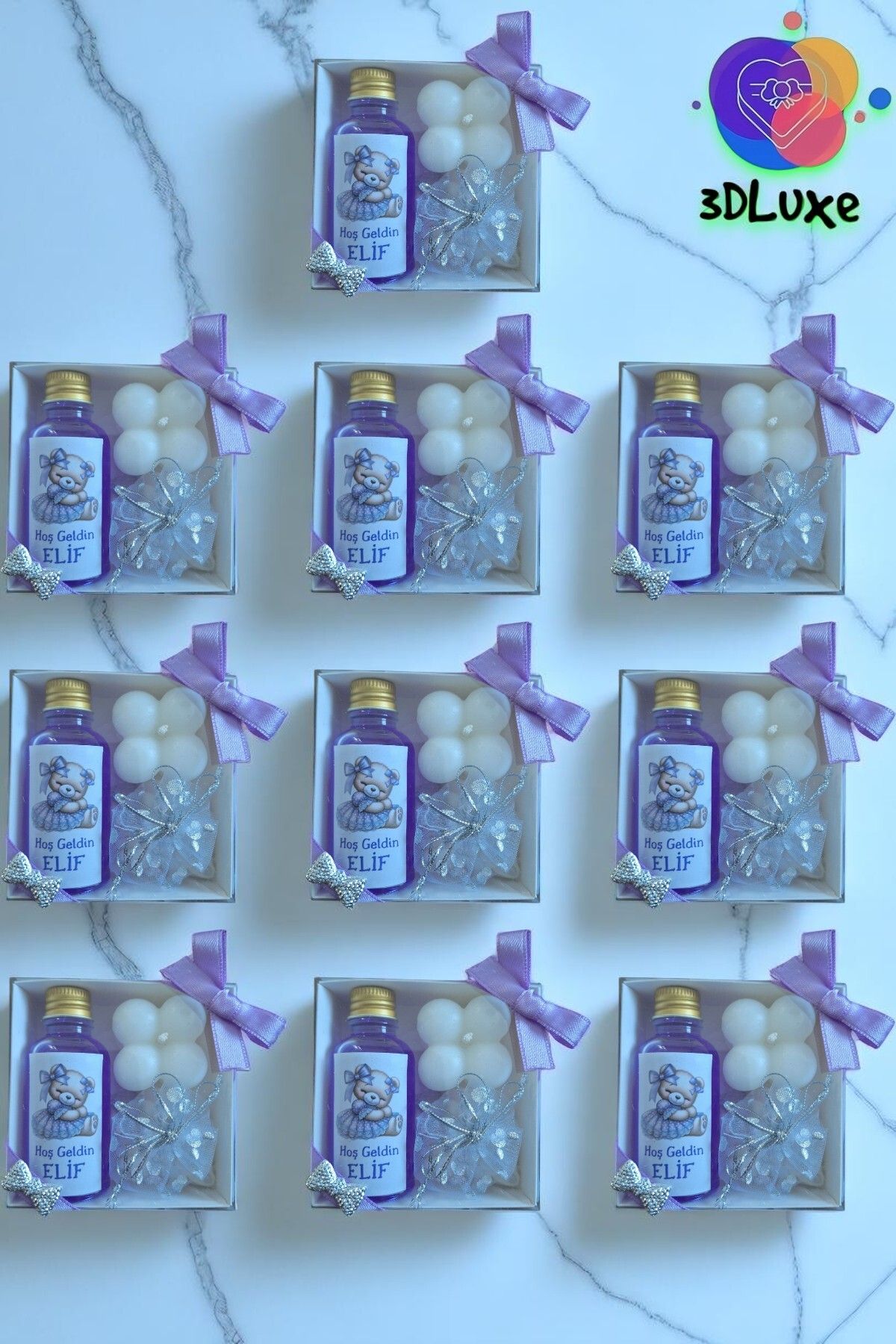 3DLuxeDekor Draje Şeker-Mum-Kolonya Hediyelik 10 ADET (Bebek, Söz, Nişan, Kına, Düğün, Mevlid)