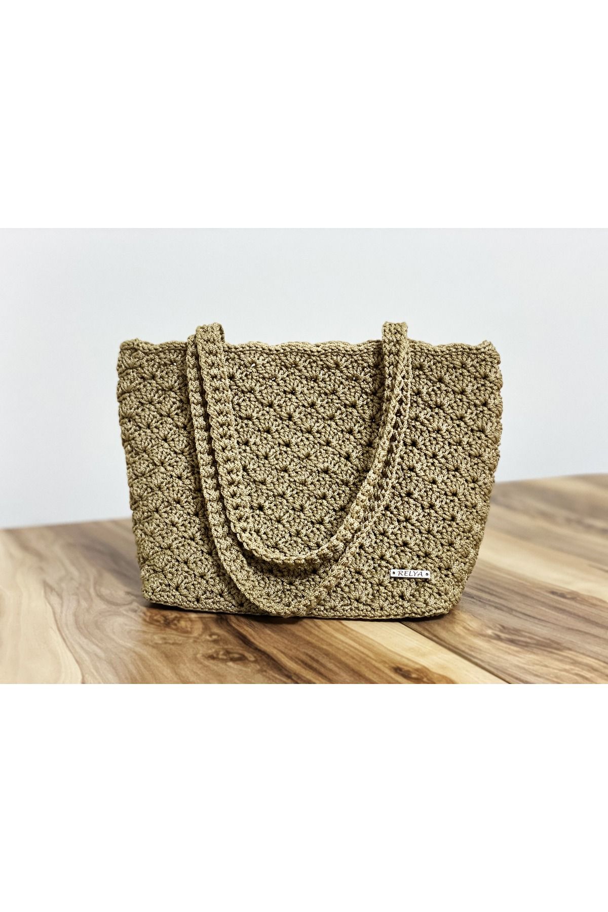 RELYA Kadın Makrome Vizon Rengi Askılı Örgü 2 Çıt Çıtlı Omuz Çantası En 20 CM Boy 18 CM Derinlik 11 CM