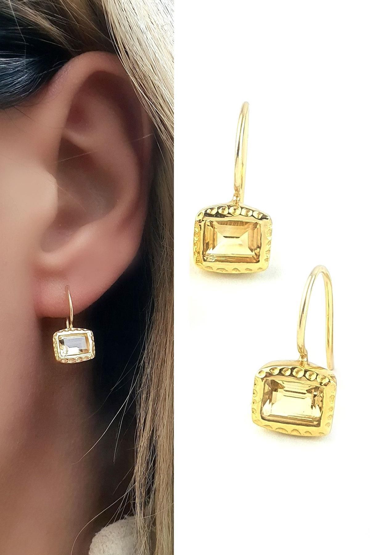 OSESHOP Sitrin Taşlı 925ayar Gümüş Üzerine Altın Kaplama Tasarım Küpe