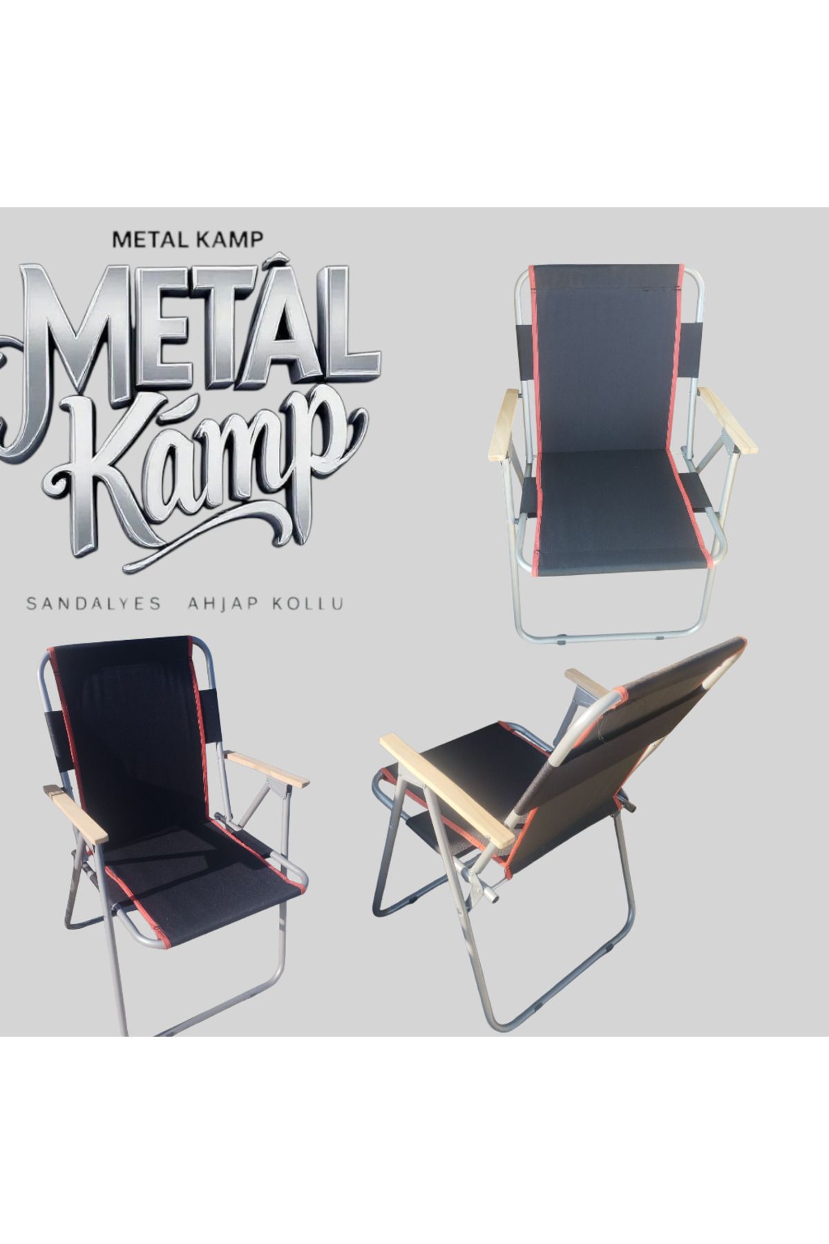 neone KAMP SANDALYESİ AHŞAP KOLLU METAL SİYAH KUMAŞ KIRMIZI ŞERİT