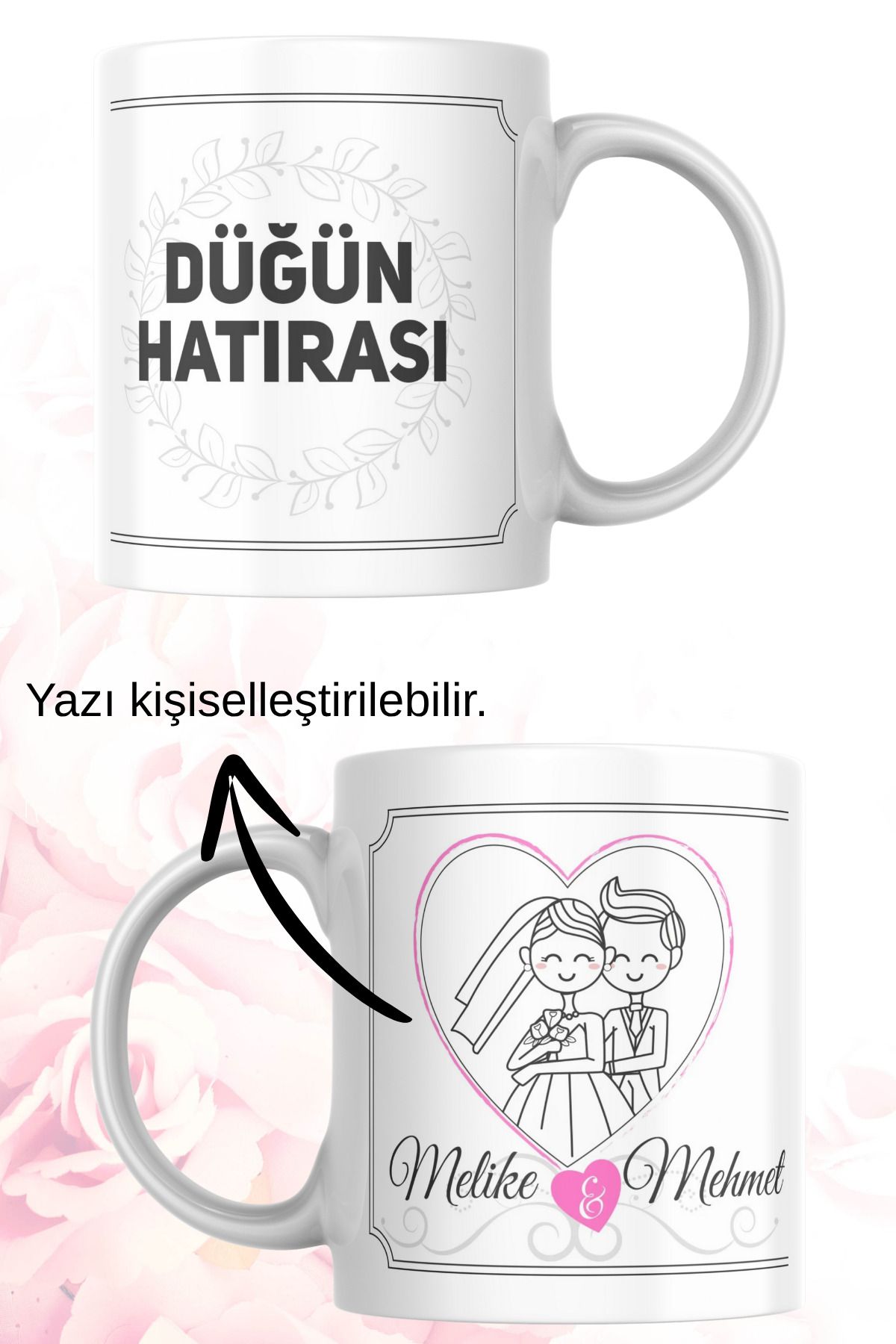zerhome Düğün Hatırası 3 Temalı Beyaz Porselen Kupa Bardak