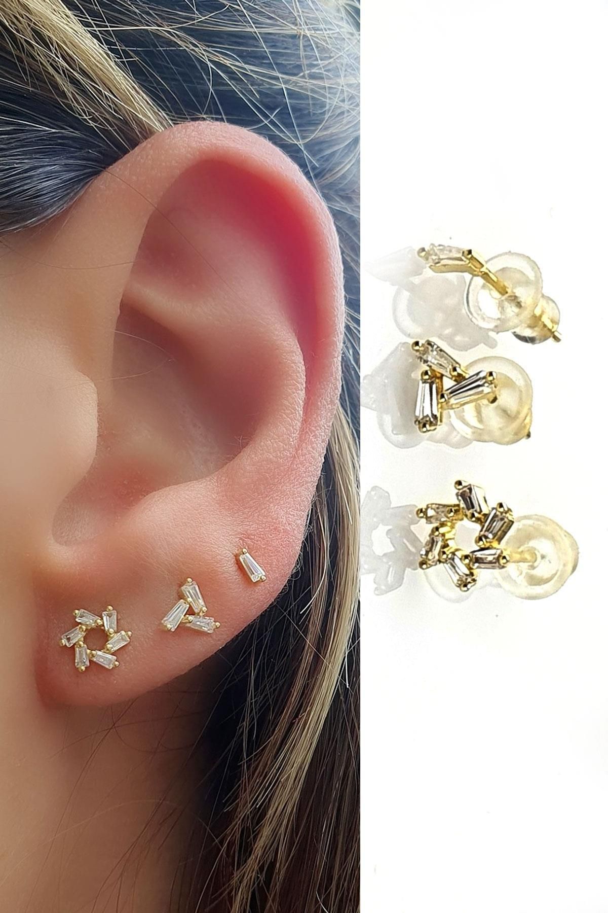 OSESHOP Baget Zirkon Taşlı 925ayar Gümüş Üzerine Altın Kaplama 3 lü tek küpe kombin