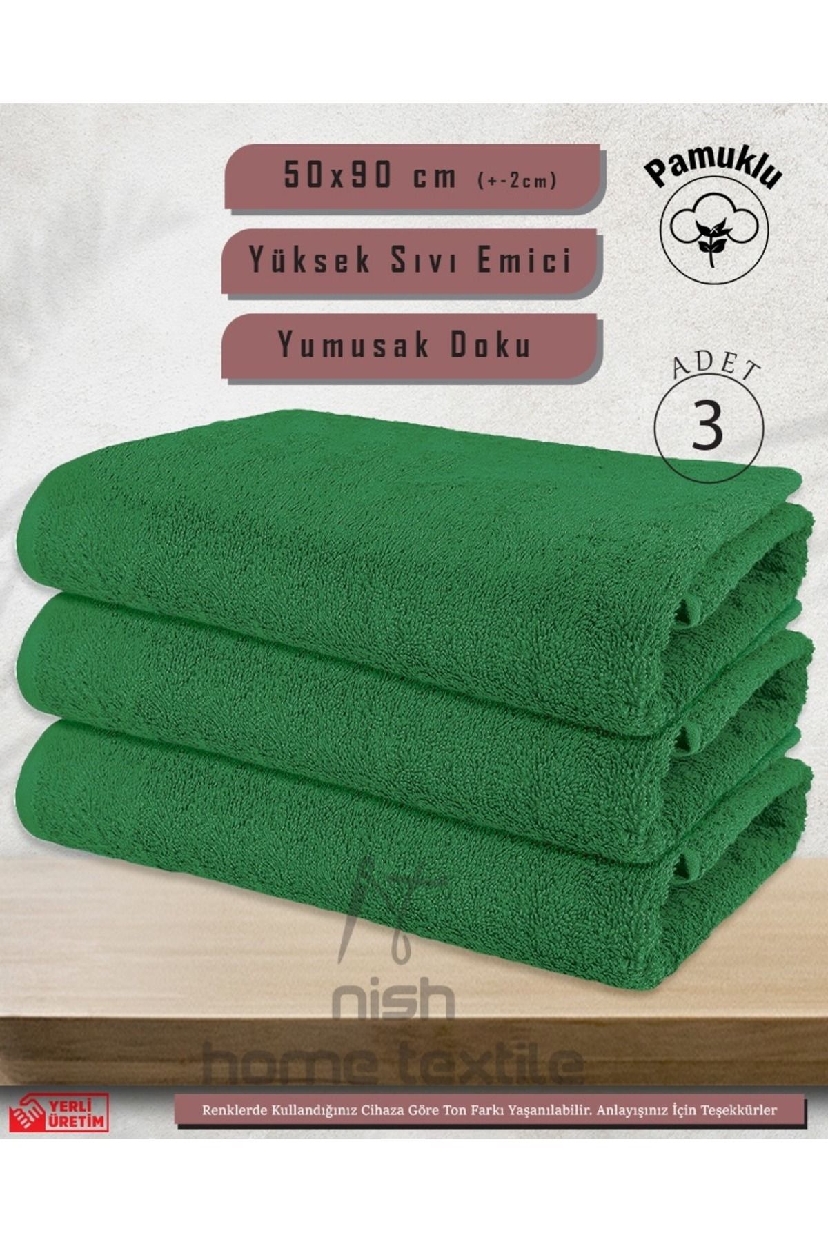teknotrust 3'lü 50x90 pamuklu çok amaçlı havlu seti, yeşil renk