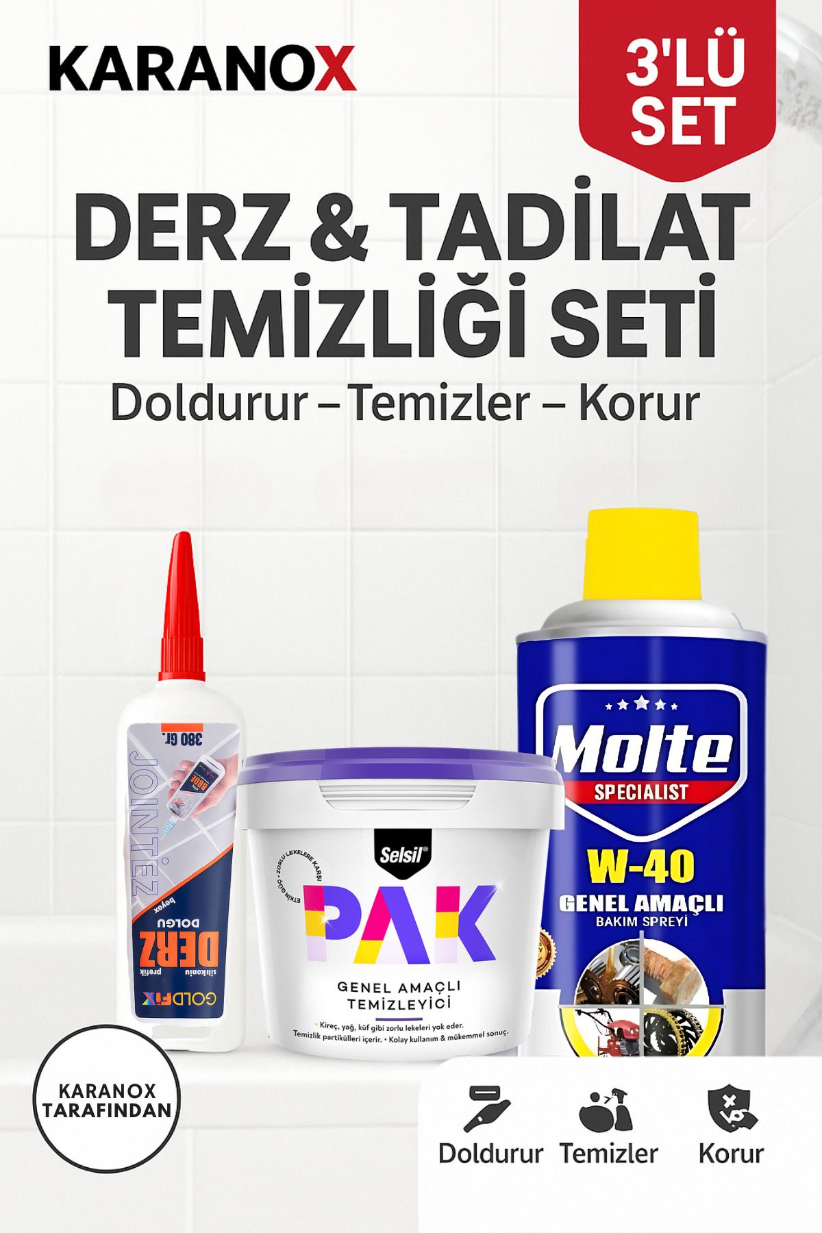 Karanox Derz Temizleyici 500 ml + W-40 Sprey 400 ml + Silikonlu Derz Dolgu Beyaz 380 gr – 3’lü Set
