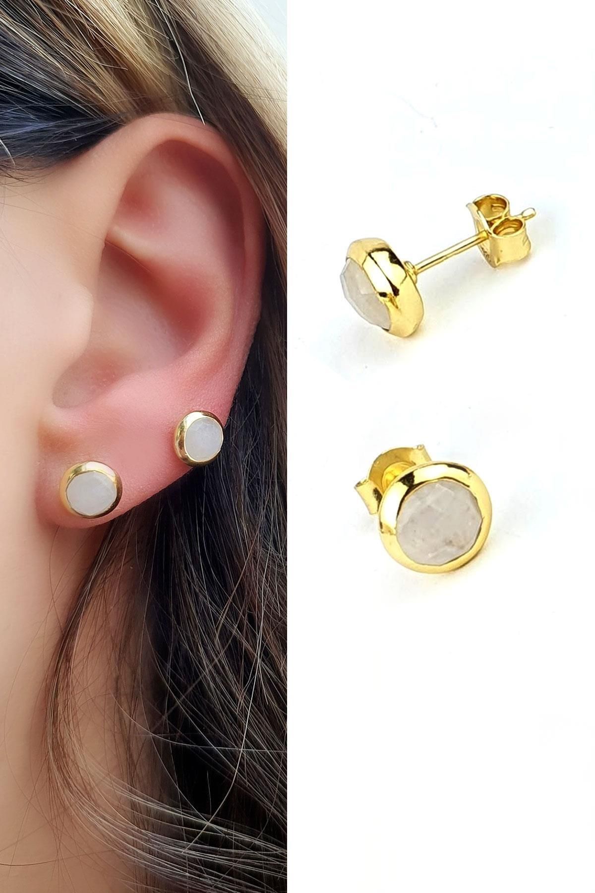 OSESHOP Ay taşı Taşlı 925ayar Gümüş Üzerine Altın Kaplama Tasarım küpe